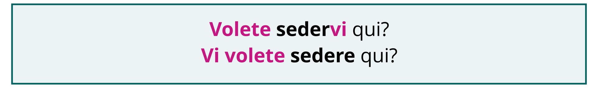 Ilustracja przedstawia dwa równoważne zdania: Volete sedervi qui? Vi volete sedere qui?