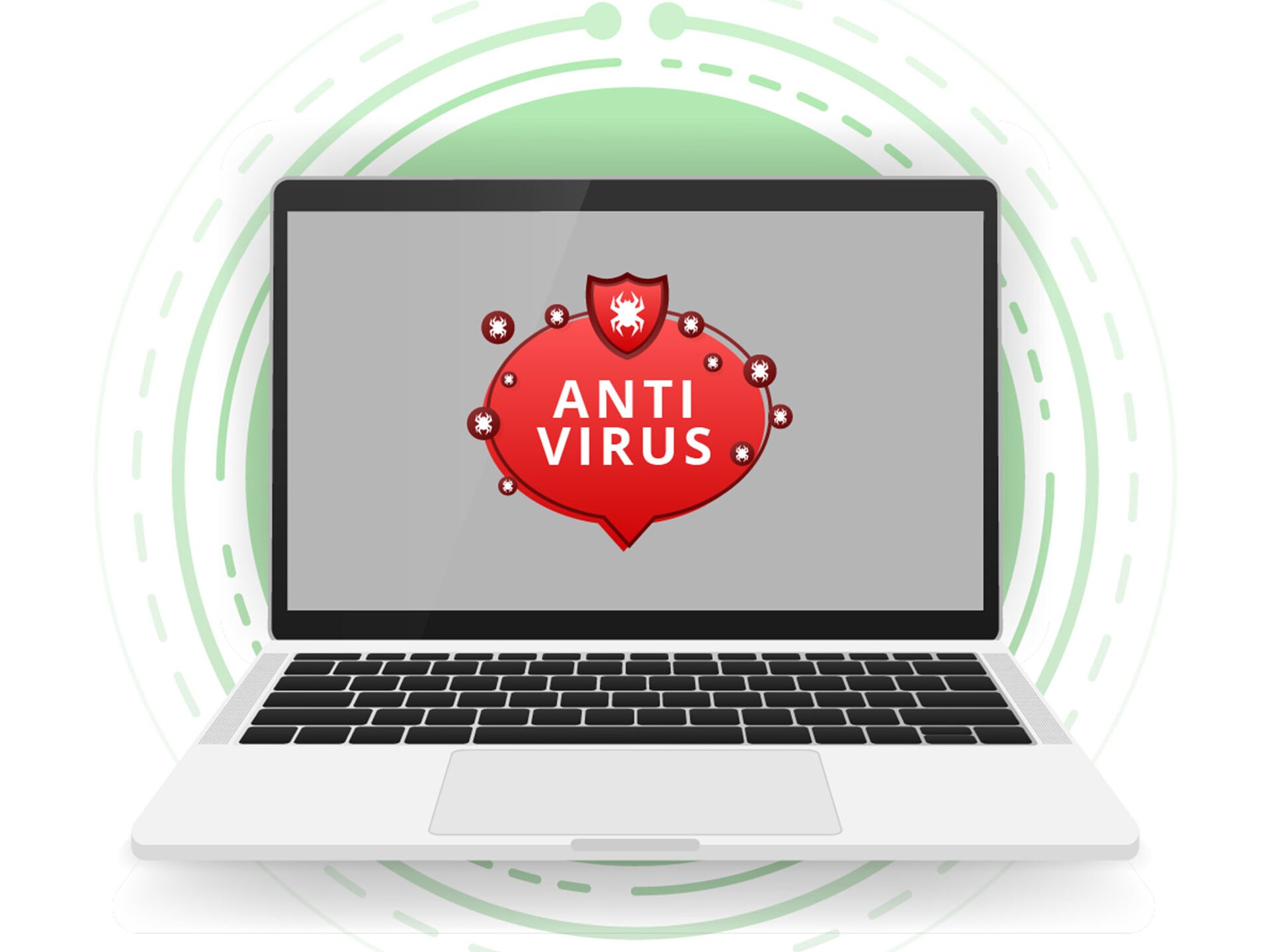 Grafika przedstawia otwarty laptop, na którego ekranie widoczny jest pośrodku czerwony dymek z napisem z białych liter w języku angielskim: ANTI VIRUS. Nad napisem widoczna jest tarcza z czerwonym tłem i białym pająkiem pośrodku. Przy wewnętrznej i zewnętrznej krawędzi dymku widoczne są czerwone kółka z wpisanymi białymi pająkami. Tło monitora jest szare. Za laptopem widoczne są koncentrycznie ułożone okręgi w kolorze jasnozielonym, wykonane z przerywanych i pełnych linii.