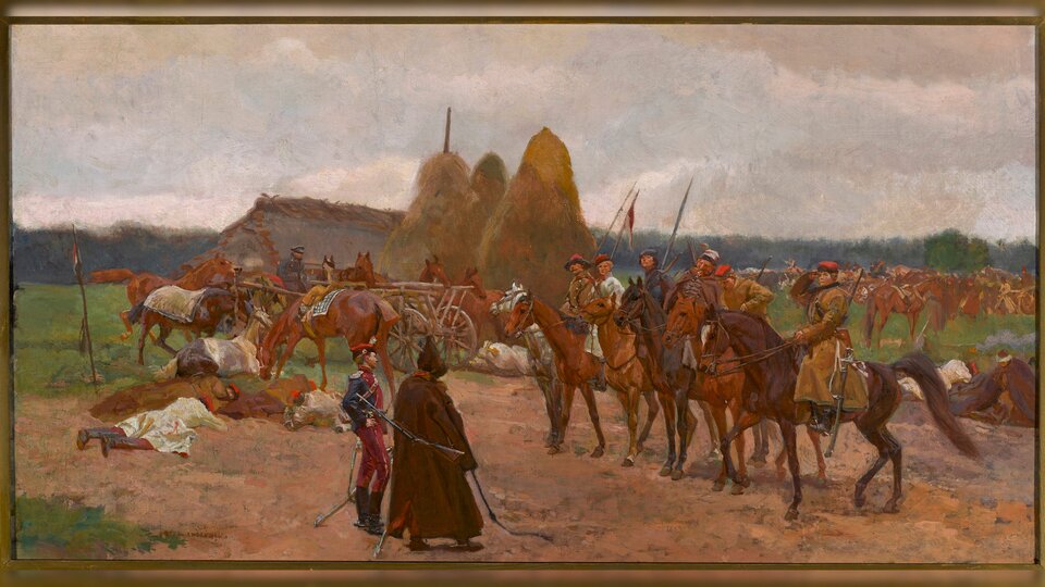 Obraz przedstawia grupę uzbrojonych żołnierzy na koniach. Przed nimi stoi żołnierz w mundurze oraz inny człowiek w długiej ciemnej szacie i kapturze. Wokół znajdują się konie, wozy i inni żołnierze. W tle chata i wielkie snopy siana.