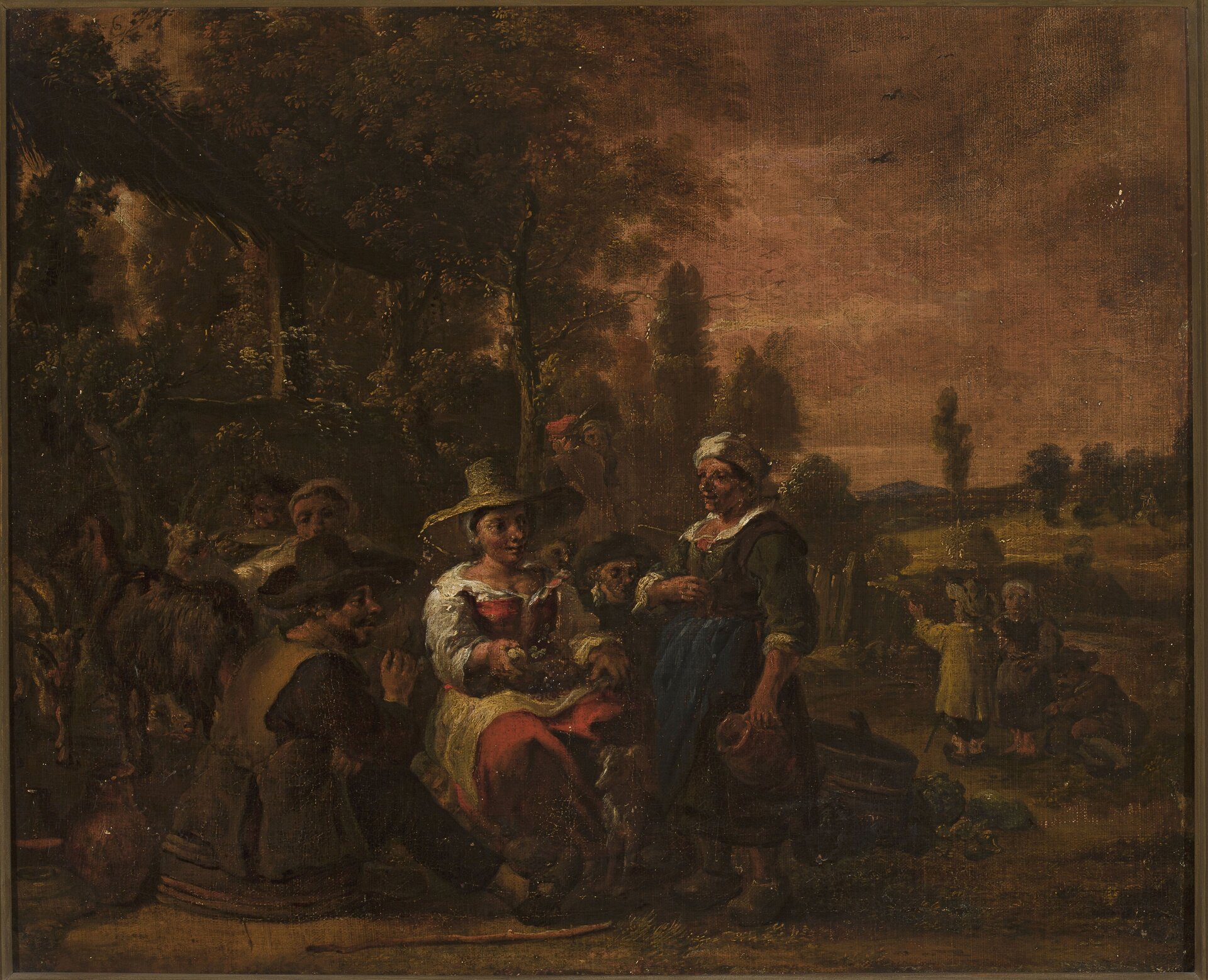 Obraz przedstawia grupę wieśniaków wypoczywających na polu i jedzących posiłek. W ich pobliżu bawi się dwójka dzieci. Niebo jest pochmurne, w oddali widać pojedyncze drzewa.