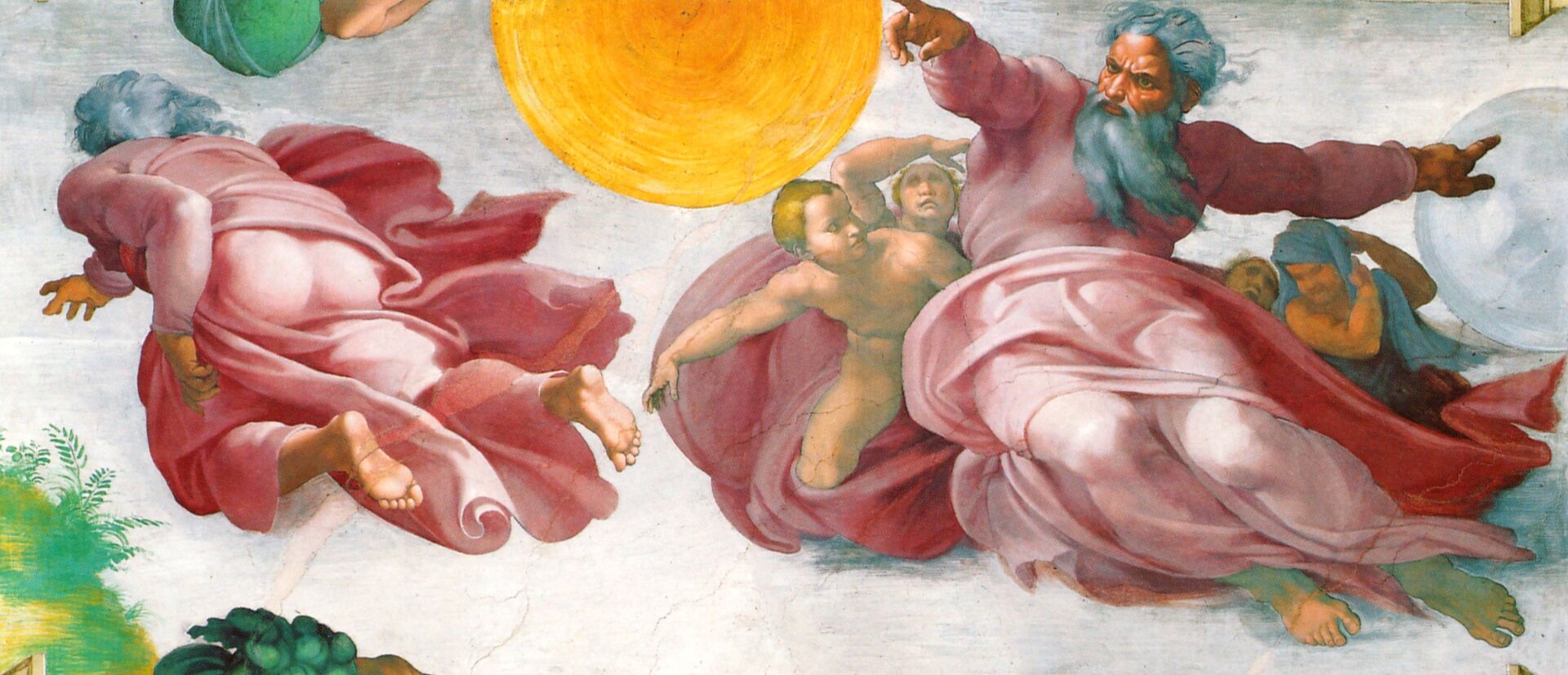 Ilustracja interaktywna przedstawia jedną ze scen fresku Michała Anioła Buonarottiego pt. „Stworzenie Słońca i Księżyca”. Na fresku widoczny jest Bóg, który jedną ręką tworzy słońce, a drugą księżyc. Obok Boga znajdują się anioły. Tło fresku jest szare.