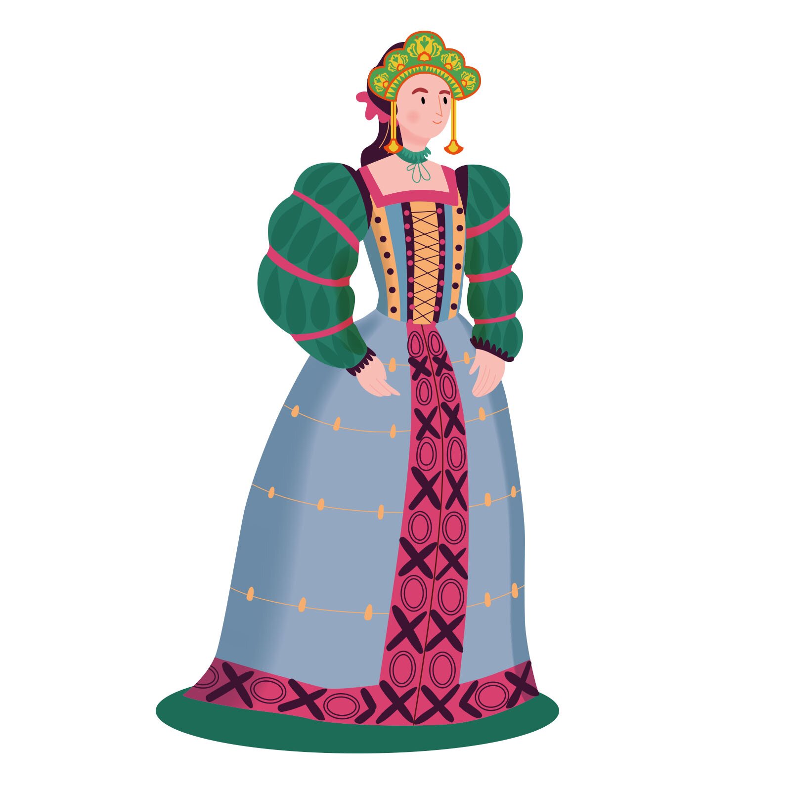 Na ilustracji znajduje się księżniczka w niebieskiej, bogato zdobionej sukni z zielonymi, bufiastymi rękawami. 