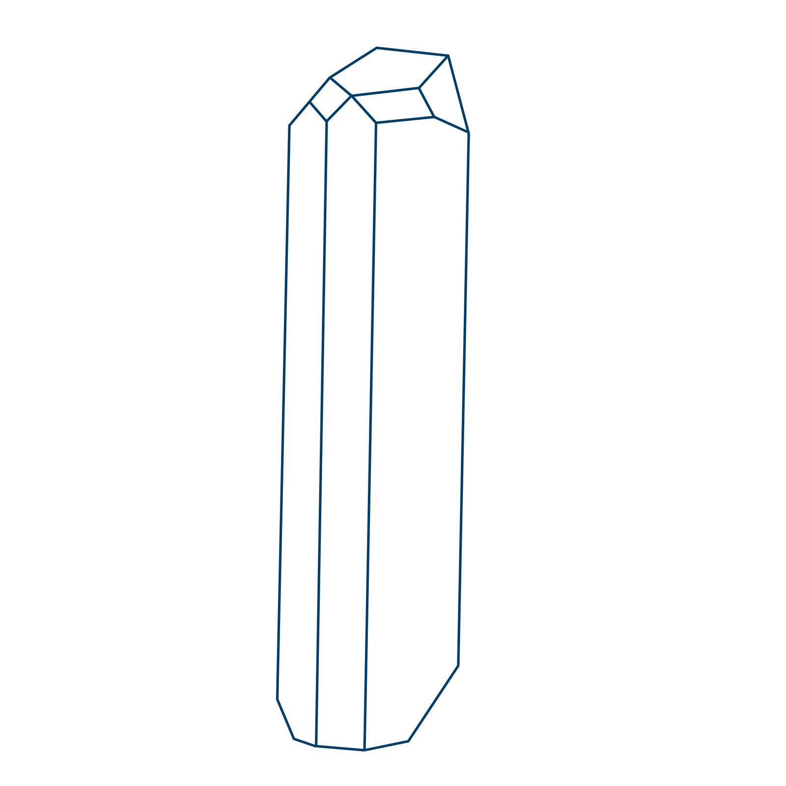 Ilustracja przedstawiająca wielościan będący odwzorowaniem trójwymiarowej struktury siarki jednoskośnej. Wielościan ten jest podłużny, ma osiem boków, obrazowo ma postać prostopadłościanu ze ściętymi wierzchołkami i krawędziami u podstaw w ten sposób, że podstawa jest pięciokątna.