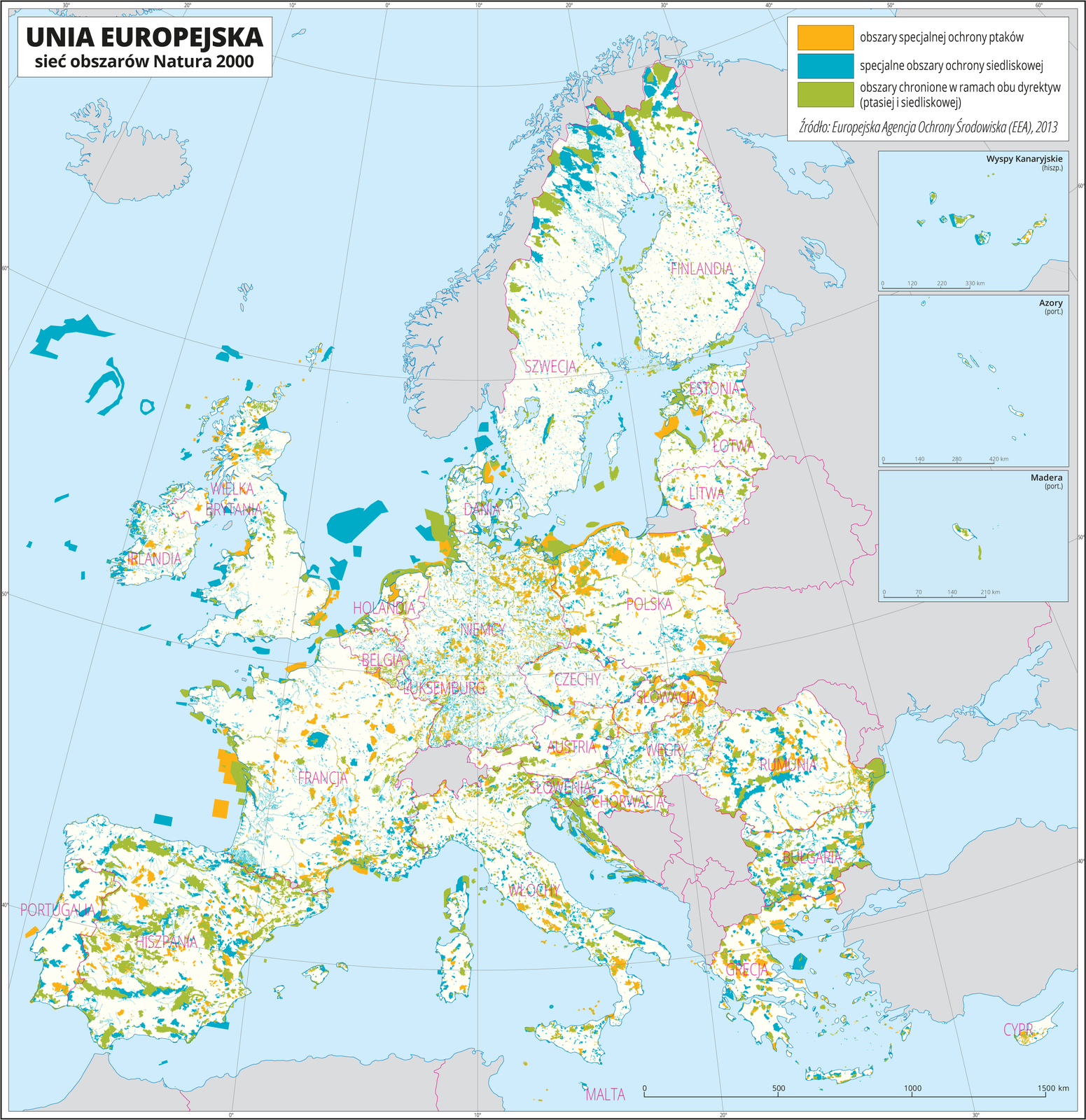Mapa Europy przedstawiająca granice występowania obszarów Natura 2000. W prawym górnym rogu legenda. Kolorem pomarańczowym przedstawiono obszary specjalnej ochrony ptaków, kolorem morskim specjalne obszary ochrony siedliskowej, kolorem zielonym obszary chronione w ramach obu dyrektyw (ptasiej i siedliskowej). Poniżej dopisek: „Źródło: Europejska Agencja Ochrony Środowiska EEA, 2013”.