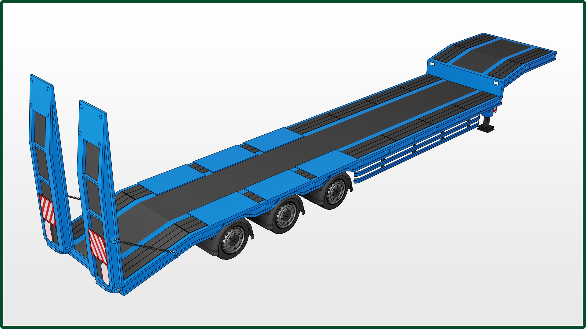 Ilustracja przedstawia naczepę niskopodwoziową. Posiada ona obniżany podjazd pozwalający na wprowadzenie na naczepę pojazdu kołowego. 