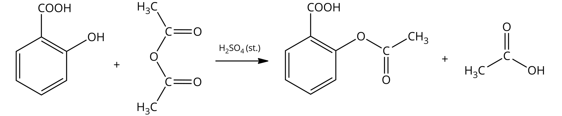 Schemat reakcji acylowania bezwodnika octowego i kwasu 2‑hydroksybenzoesowego w obecności kwasu siarkowego(VI)