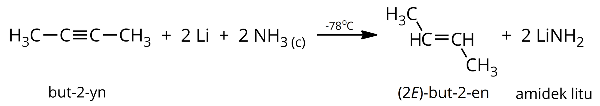 Ilustracja przedstawia równanie reakcji. Cząsteczka but-2-ynu zbudowana z dwóch atomów węgla połączonych za pomocą wiązania potrójnego, z których każdy podstawiony jest jedną grupą metylową CH3. Dodać dwie atomy litu Li Dodać dwie cząsteczki ciekłego amoniaku NH3.  Strzałka w prawo, nad strzałką temperatura minus siedemdziesiąt osiem stopni Celsjusza. Za strzałką cząsteczka 2E-but-2-enu zbudowanego z dwóch atomów węgla połączonych za pomocą wiązania podwójnego, z których każdy podstawiony jest jednym atomem wodoru i jedną grupą metylową CH3. Dodać dwie cząsteczki amidku litu LiNH2. Wiązanie podwójne w alkenie przedstawiono w płaszczyźnie monitora. Atomy wodoru znajdują się po przeciwnych stronach tej płaszczyzny, to znaczy przy pierwszym atomie wodór znajduje się przed, a przy drugim za płaszczyzną. Analogicznie podstawniki metylowe. Przy pierwszym atomie węgla podstawnik wychodzi za płaszczyznę, a przy drugim przed.