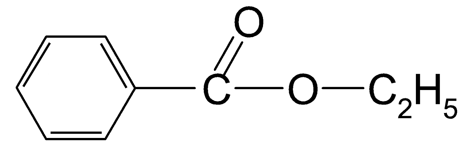 Na ilustracji jest wzór: atom węgla łączy się po lewej stronie z sześcioczłonowym pierścieniem z trzema wiązaniami podwójnymi, na górze wiązaniem podwójnym z atomem tlenu, po prawej stronie z kolejnym atomem tlenu. Ten z kolei po prawej stronie łączy się z grupą                C                 2                       H                 5         .