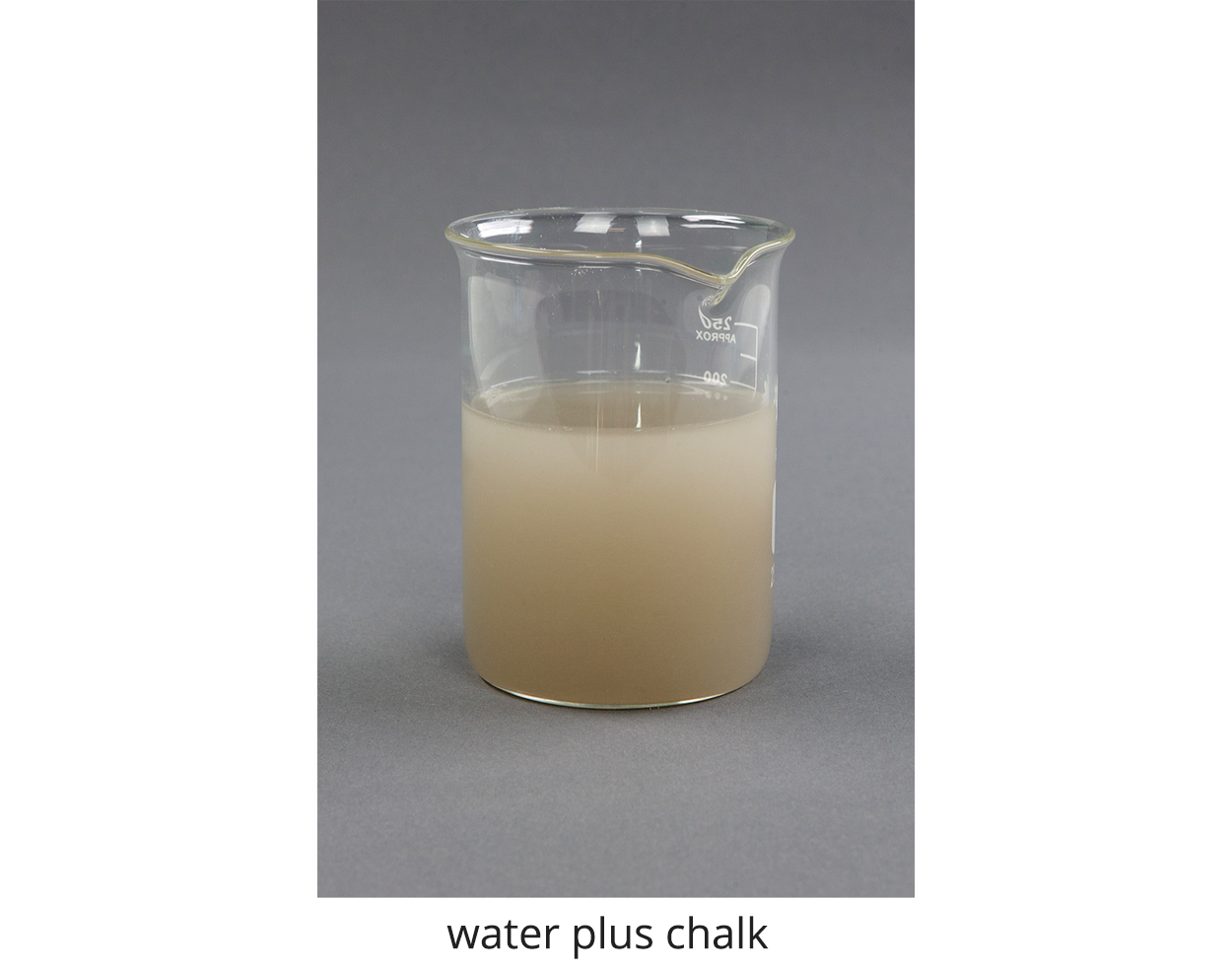 Zdjęcie przedstawia mieszaninę wody i kredy, water plus chalk. Kreda miesza się z wodą, tworząc zawiesinę w zlewce.