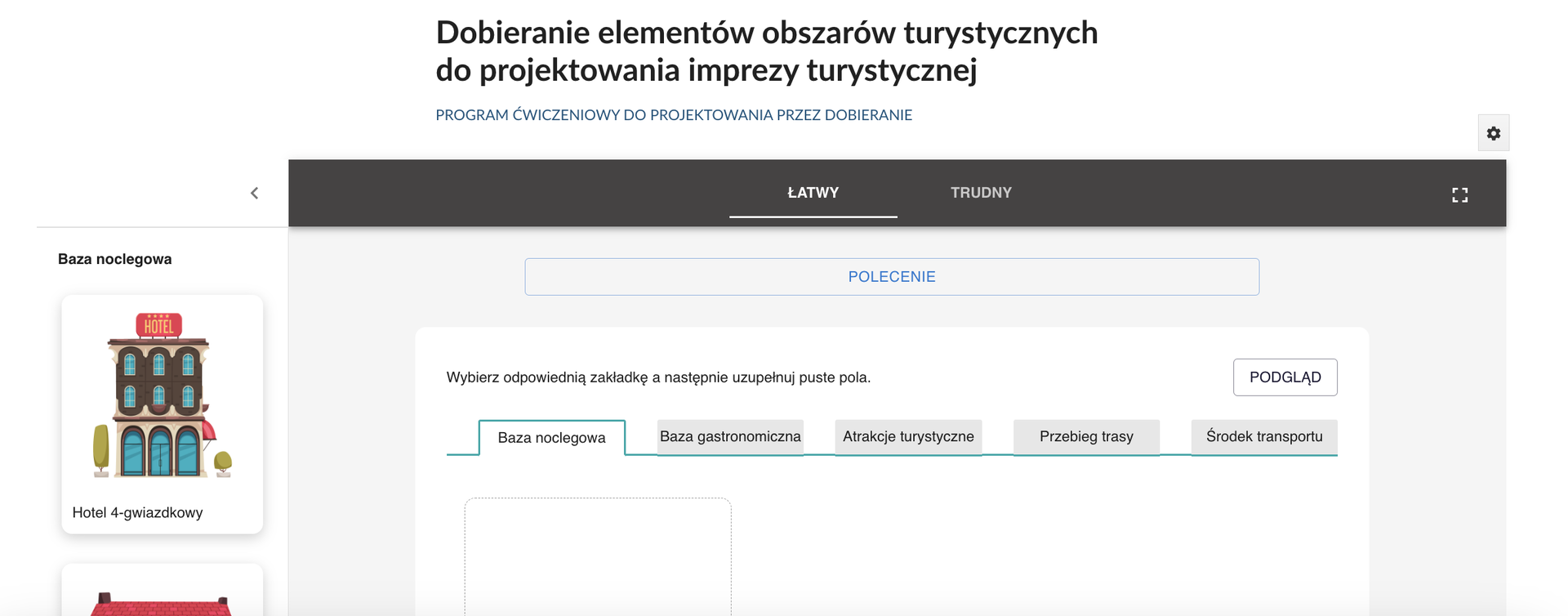 Grafika przedstawia widok programu ćwiczeniowego do projektowania przez dobierania Dobieranie elementów obszarów turystycznych do projektowania imprezy turystycznej. Widoczny jest tytuł programu, czarna pozioma belka menu, panel z ikonami do dobierania po lewej stronie oraz okno robocze po środku.