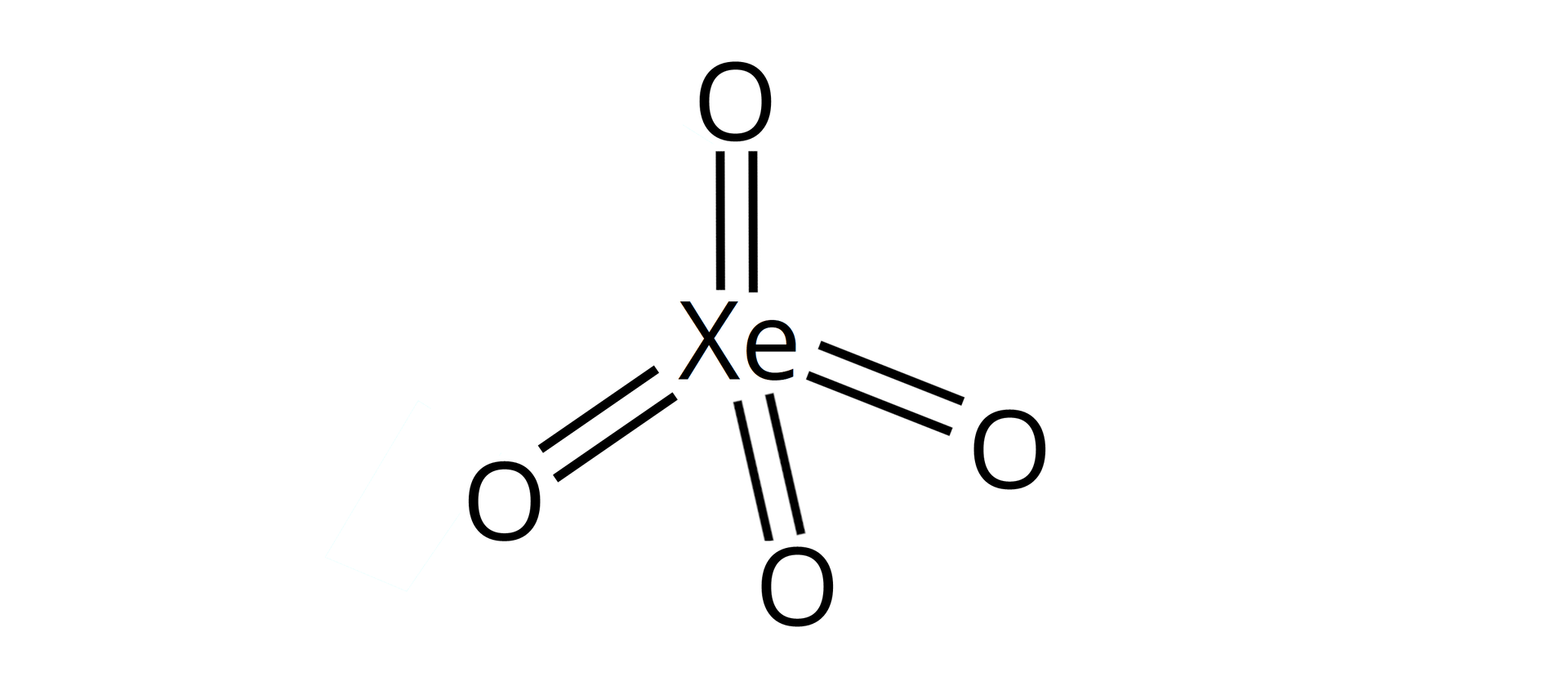 Ilustracja przedstawiająca wzór tetratlenku ksenonu o budowie tetraedrycznej. Od symbolu Xe odchodzą cztery pary kresek, to jest cztery wiązania podwójne łączące go z czterema atomami tlenu O.