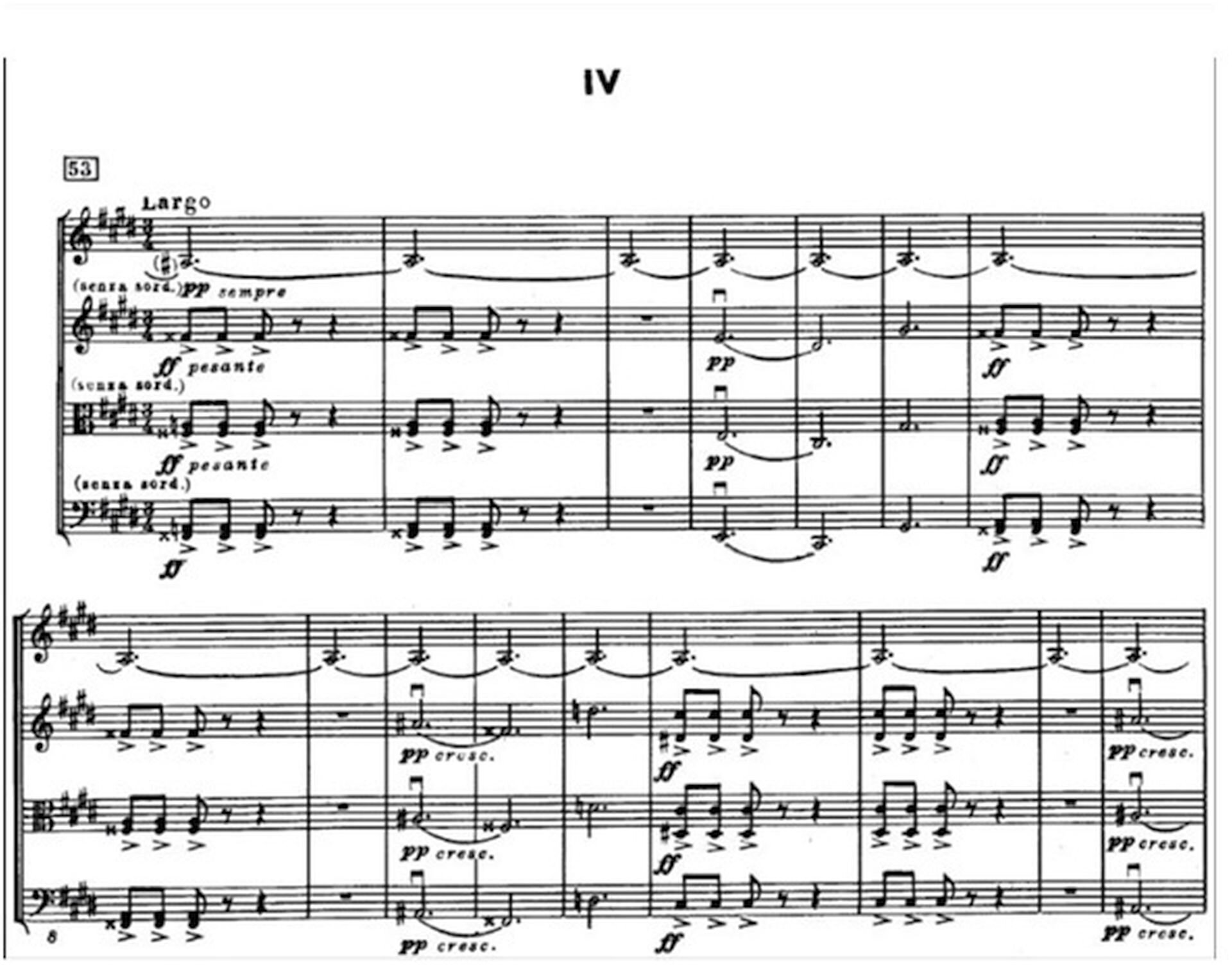 Ilustracja przedstawia zapis nutowy na pięciolinii Szostakowicz, „VIII Kwartet smyczkowy”, część IV, początek.