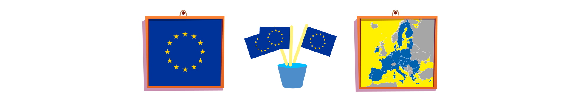 Ilustracja przedstawia przedmioty związane z Unią Europejską. Po lewej stronie wisi obrazek w brązowej ramce, przedstawiający flagę Unii Europejskiej, czyli 12 złotych gwiazdek tworzących koło na granatowym tle. Na środku znajdują się trzy miniaturowe flagi Unii Europejskiej w niebieskim kubku. Po prawej stronie wisi obrazek przedstawiający mapę Europy. Wody zaznaczono kolorem żółtym, państwa należące do Unii Europejskiej kolorem niebieskim, a pozostałe państwa kolorem szarym.