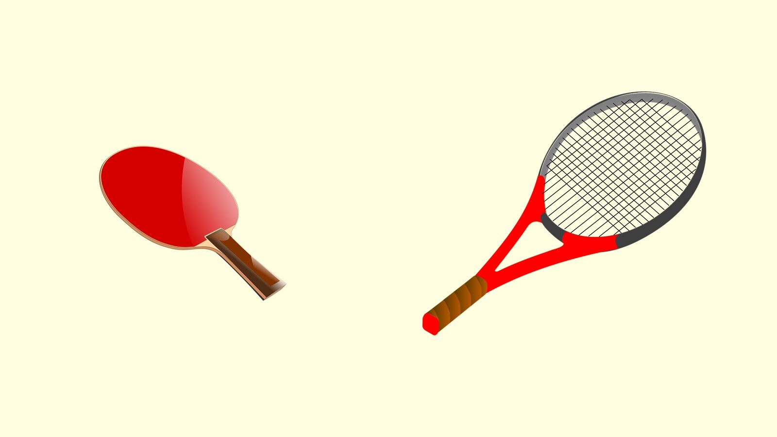 Ilustracja przedstawia dwie rakiety sportowe. Rakietę do tenisa z czarno‑czerwoną ramą i brązową rączką oraz czerwoną paletkę do ping‑ponga. Rakieta do tenisa jest większa od paletki.