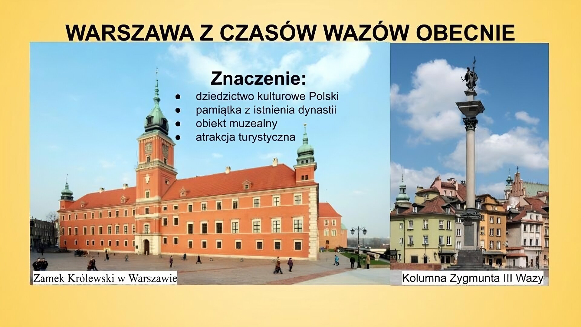 Slajd przedstawia zdjęcia współczesne. Po prawej stronie znajduje się kolumna Zygmunta III Wazy na tle kamieniczek Starego Miasta, po lewej stronie slajdu fasada Zamku Królewskiego od strony Placu Zamkowego. Kolumna jest jasna z szarymi elementami, u jej szczytu widoczna jest postać trzymająca krzyż i miecz. Podpis: Kolumna Zygmunta III Wazy. Zamek Królewski ma pomarańczową elewację z jasnymi elementami. W centralnej części obiektu znajduje się wieża, a po obu jej stronach symetrycznie rozmieszczone okna. Na rogach budynku mniejsze wieżyczki. Podpis: Zamek królewski w Warszawie. Napisy na slajdzie: tytuł: Warszawa z czasów Wazów obecnie; dymek: Znaczenie: dziedzictwo kulturowe Polski, pamiątka z istnienia dynastii, obiekt muzealny, atrakcja turystyczna.