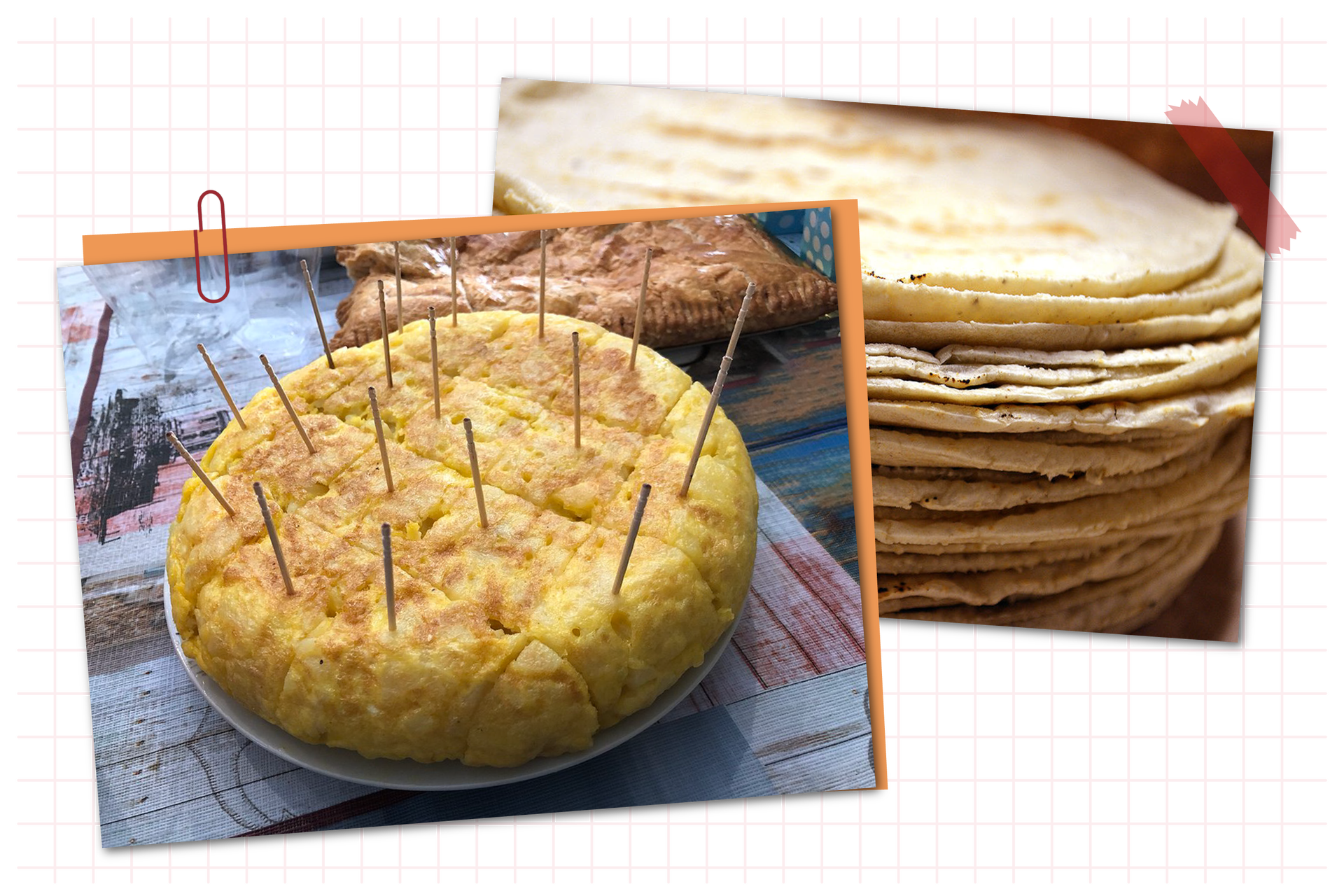 Ilustracja zawiera kolaż dwóch zdjęć. Na pierwszym zdjęciu znajduje się hiszpańska tortilla z ziemniaków, która jest gruba i puszysta. Na drugim zdjęciu znajduje się meksykańskatortilla kukurydziana. Jest cienka i chrupiąca. 