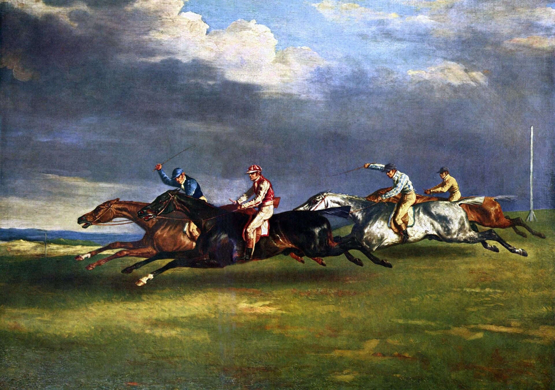 Ilustracja przedstawia obraz Théodore’a Géricault „Derby w Epsom”. Na obrazie widoczny jest wyścig konny, w którym bierze udział czterech jeźdźców. Konie biegną po polanie. W tle widoczne są ciemne chmury. 