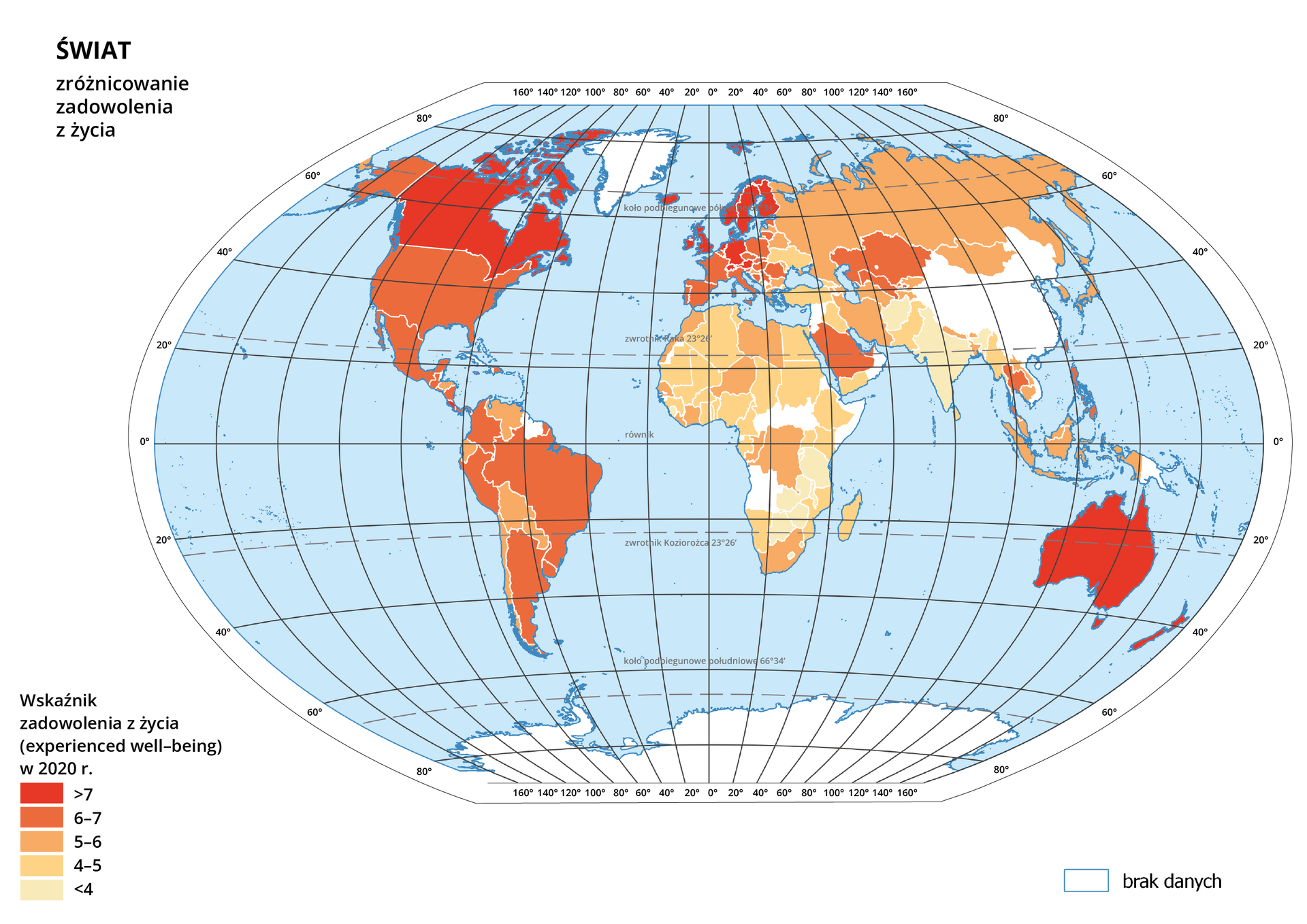 Ilustracja przedstawia mapę świata. Wody zaznaczono kolorem niebieskim. Na mapie za pomocą pięciu kolorów (od czerwonego do bladożółtego) przedstawiono zadowolenie z życia w poszczególnych państwach w dwa tysiące dwudziestym roku. 
Mapa pokryta jest równoleżnikami i południkami. Dookoła mapy w białej ramce opisano wartości długości i szerokości geograficznej co dwadzieścia stopni. Na dole mapy narysowano pięć kolorowych prostokątów i opisano jaki poziom zadowolenia z życia w poszczególnych państwach w dwa tysiące dwudziestym roku obrazuje każdy kolor.
Brak danych dla Chin, Grenlandii, Omanu, Jordanii, Syrii, Gujany, Surinamu, Wietnamu, Papuy‑Nowej Gwinei, Erytrei, Republiki Środkowoafrykańskiej, Sudany Południowego, Angoli, Kosowa, Kuby, Haiti.
Wartości wskaźnika zadowolenia z życia powyżej siedmiu: Kanada, Islandia, Szwecja, Norwegia, Finlandia, Wielka Brytania, Irlandia, Holandia, Dania, Niemcy, Szwajcaria, Austria, Australia, Nowa Zelandia, Kostaryka.
Wartości wskaźnika od sześciu do siedmiu: kraje Europy Zachodniej i środkowej. Kazachstan, Uzbekistan, Arabia Saudyjska, Tajlandia, Filipiny, Dominikana, Panama, Salwador, Gwatemala, Meksyk, USA, Kolumbia, Brazylia, Gujana Francuska, Peru, Argentyna, Urugwaj.
Wartości wskaźnika od pięciu do sześciu – pozostałe kraje Ameryki Środkowej i Południowej. Białoruś, Łotwa, Bośnia i Hercegowina, Bułgaria, Grecja, Macedonia Północna, Albania, Rosja, Armenia, Azerbejdżan, Iran, Turkmenistan, Kirgistan, Tadżykistan, Nepal, Bangladesz, Bhutan, Laos, Kambodża, Indonezja, Malezja, Korea Południowa, Japonia, Maroko, Sahara Zachodnia, Libia, Niger, Senegal, Liberia, Wybrzeże Kości Słoniowej, Kongo, Demokratyczna Republika Konga, RPA. 
Wskaźnik od czterech do pięciu: pozostałe kraje afrykańskie z wyłączeniem Sierra Leone, Botswany, Zimbabwe, Zambii, Tanzanii i Malawi (gdzie wartości wynoszą mniej niż cztery). Pakistan, Irak, Ukraina, Turcja, Birma.
Wskaźnik poniżej czterech: Indie, pozostałe państwa Afryki, Afganistan.