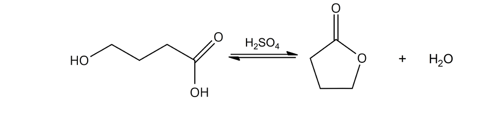 Ilustracja przedstawiająca schemat reakcji chemicznej. Cząsteczka kwasu cztery-hydroksybutanowego zbudowanego z grupy karboksylowej C O O H połączonej z trzema kolejno związanymi ze sobą grupami metylenowymi C H indeks dolny, dwa, koniec indeksu dolnego, z których ostatnia podstawiona jest grupą hydroksylową O H. Strzałki równowagowe, nad nimi H indeks dolny, dwa, koniec indeksu dolnego, S O indeks dolny, cztery, koniec indeksu dolnego, za strzałkami cząsteczka dihydrofuran-dwa nawias, trzy H, zamknięcie nawiasu-onu zbudowanego z pięcioczłonowego pierścienia nasyconego, który tworzą cztery atomy węgla oraz jeden atom tlenu, Węgiel sąsiadujący z atomem tlenu wbudowanym w pięcioczłonowy pierścień łączy się również za pomocą wiązania podwójnego z drugim atomem tlenu wchodzącym w skład cząsteczki. Dodać cząsteczka wody.