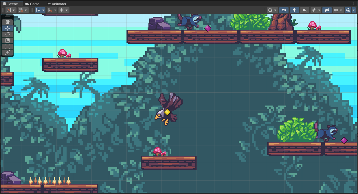 Ilustracja przedstawia panel programu  Unity Hub  z projektem gry platformowej. Widoczne są fragmenty niebieskiego nieba, obfita zielona roślinność na podłożu oraz drewniane platformy umiejscowione na różnych wysokościach. Nad środkową platformą unosi się postać orła w locie.