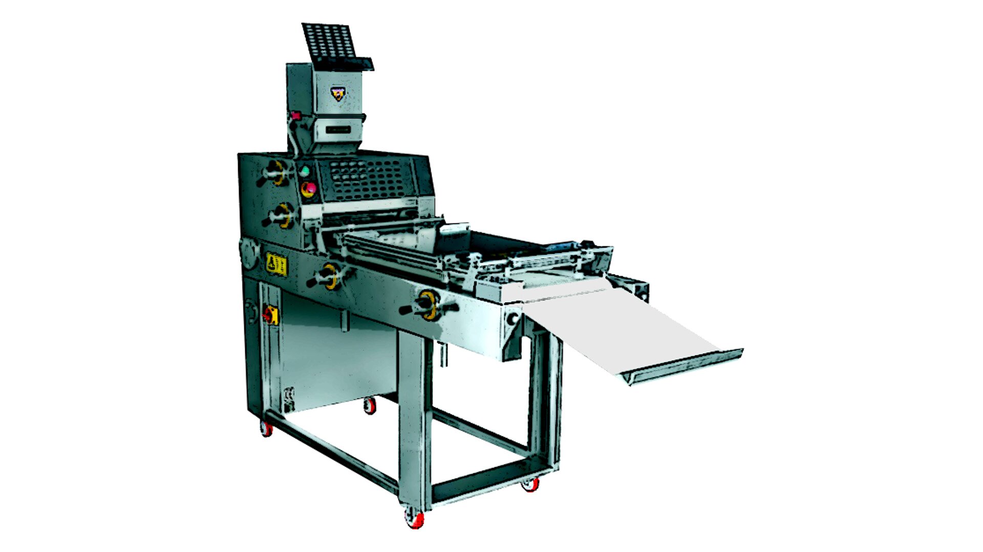 Zdjęcie przedstawia wydłużarkę na białym tle. Maszyna ta ma podłużny metalowy blat z licznymi metalowymi elementami. Blat ten umieszczony jest na metalowym stelażu z czterema małymi czerwonymi kółkami. Po lewej stronie stelaża zauważyć można czerwony przełącznik w żółtej obudowie. W tylnej części blatu znajduje się prostokątna obudowa maszyny z kratownicą z przodu. Na froncie po lewej stronie ma ona zielony przycisk, a pod nim czerwony grzybek awaryjny. Z przodu blatu wystaje prostokątny płaski delikatnie opuszczony do dołu fragment metalowej blachy.
