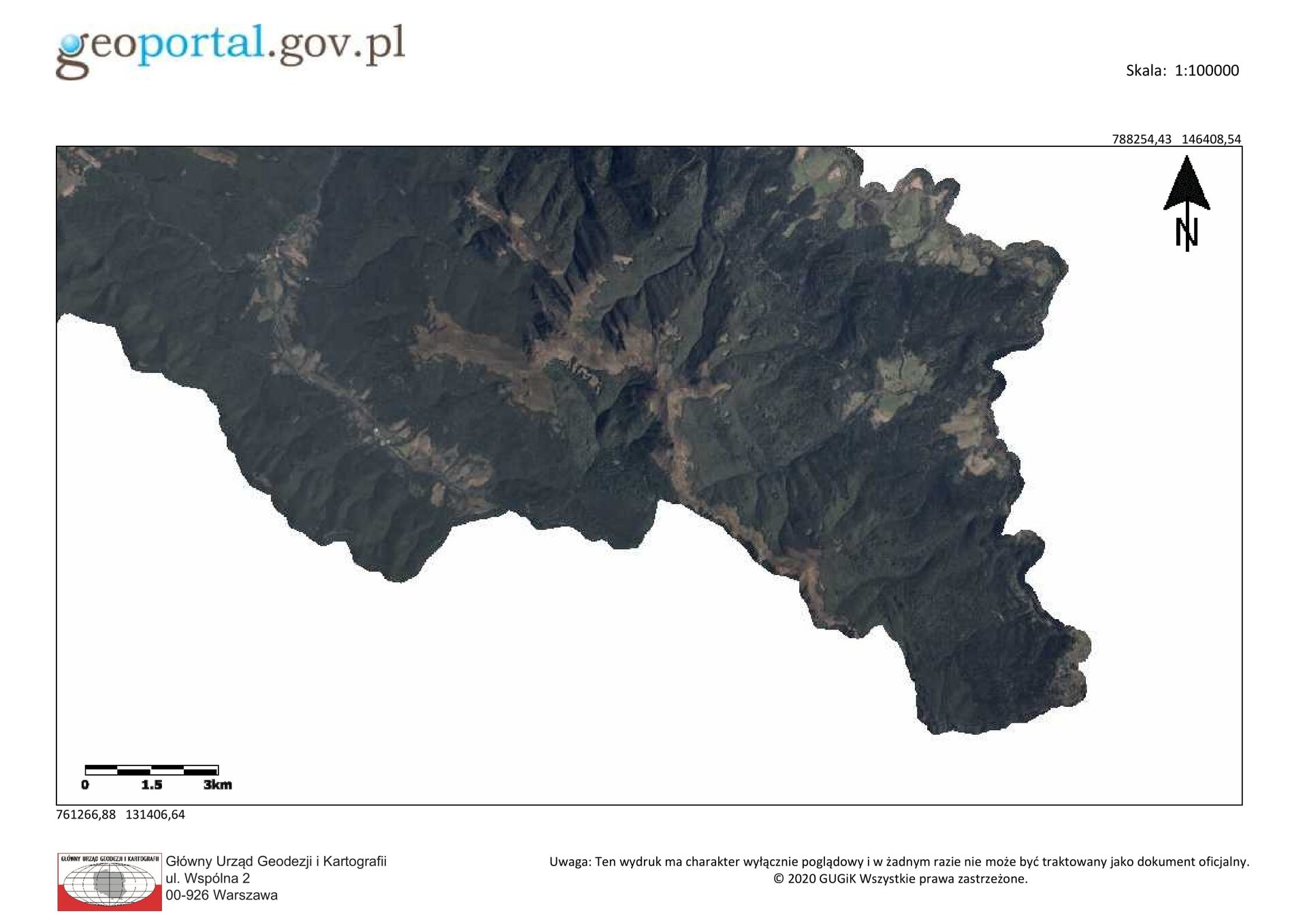 Mapa pochodząca z geoportalu. Przedstawia obszar Bieszczad. Jest to ortofotomapa, na której dominuje kolor ciemnozielony, widoczna jest rzeźba terenu tego obszaru.