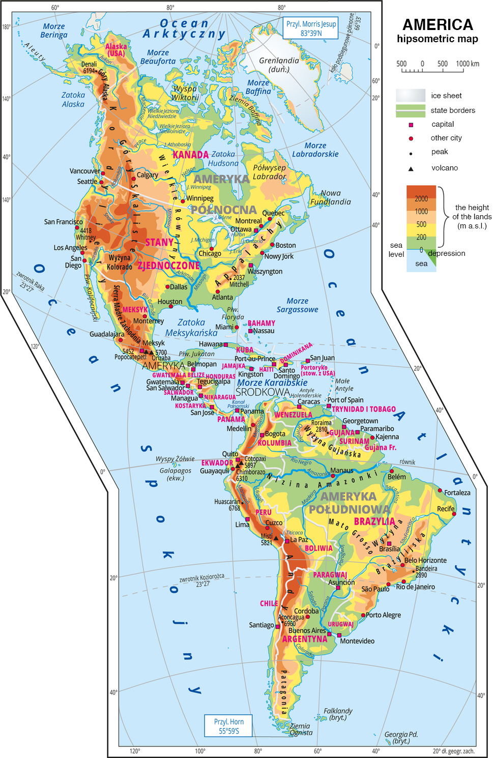 Ilustracja przedstawia mapę hipsometryczną Ameryki Północnej oraz Południowej, America hipsometric map. W obrębie lądów oznaczono wysokości nizin, wyżyn i gór. Na zachodnich wybrzeżach dominują pasma górskie o przebiegu południkowym. Rozległe niziny wzdłuż największych rzek. Na mapie opisano nazwy półwyspów, np. Półwysep Kalifornijski, Półwysep Labrador, wysp – np. Bahamy, Jamajka, Kuba, nizin – np. Nizina Amazonki, wyżyn np. Wyżyna Gujańska, Wyżyna Kolorado, Wyżyna Brazylijska, i pasm górskich – np. Andy, Kordyliery, Góry Skaliste, mórz – Morze Baffina, Morze Beauforta, zatok, np. Zatoka Alaska, Meksykańska, rzek – Missisipi, Missouri, Amazonka i jezior – Michigan, Ontario. Oznaczono i opisano stolice np. Ottawa, Waszyngton, Caracas i główne miasta, np. Nowy Jork, Vancouver, Manaus. Opisano nazwy państw, np. Kanada, Ekwador, Brazylia i czynne wulkany, np. Chimborazo, Cotopaxi. Podano współrzędne geograficzne skrajnych punktów: północ – Przylądek Morris Jesup, 83°39’N, południe – Przylądek Horn, 55°59’S. Zachodnie wybrzeża Ameryki otacza Ocean Spokojny, wschodnie wybrzeża Ocean Atlantycki. Najwyższe tereny znajdują się na zachodnich wybrzeżach kontynentów. W Ameryce Północnej: Sierra Madre Zachodnia, Wyżyna Kolorado, Góry Skaliste, Góry Alaska. W Ameryce Południowej to pasmo górskie Andy. 
