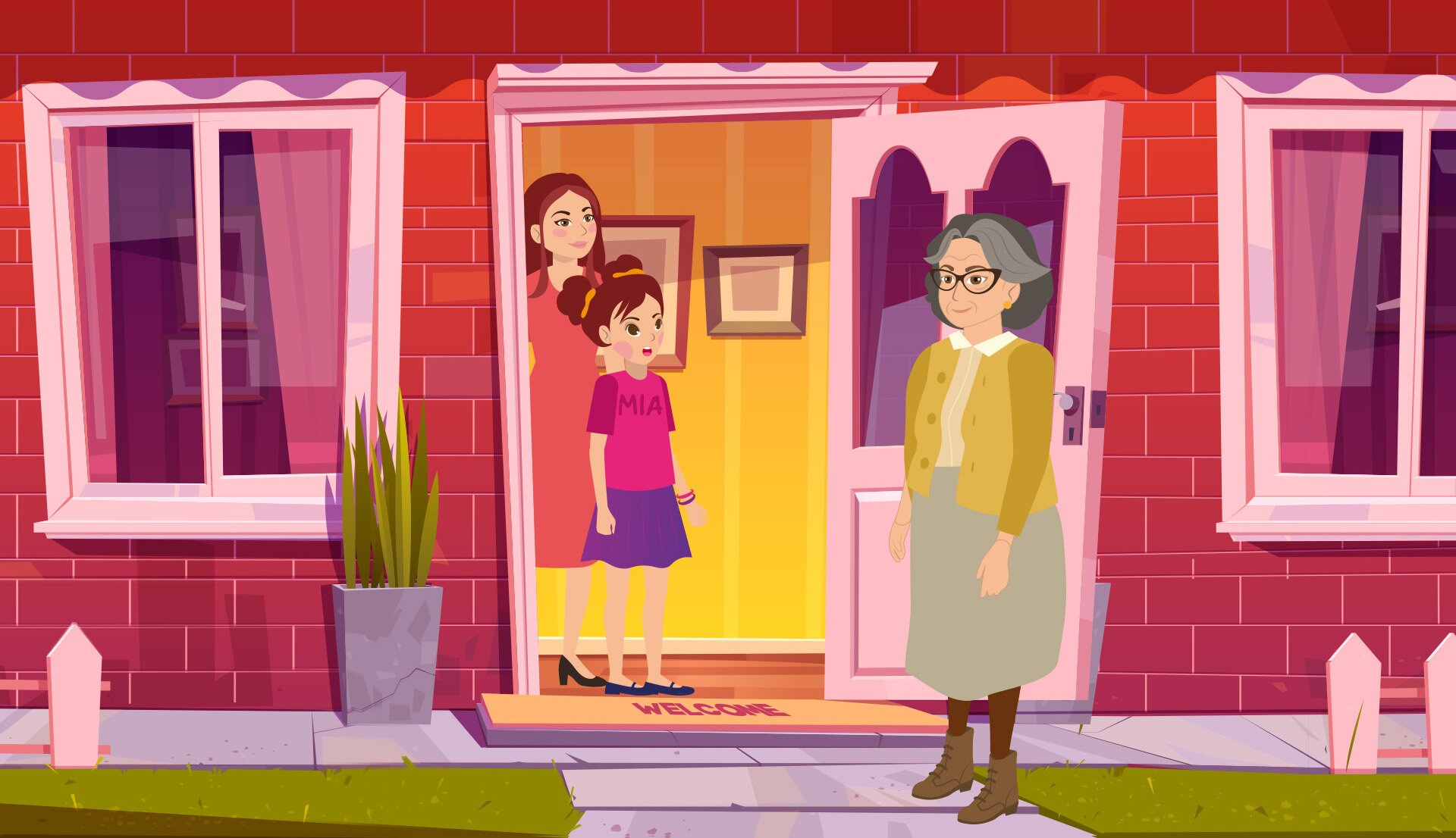 Ilustracja przedstawia otwarte drzwi wejściowe do domu, w których stoi mama i Mia. Na progu domu stoi babcia. Dialog znajduje się  w transkrypcji poniżej. 
