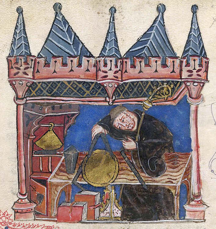 Obraz przedstawia mężczyznę w długiej szacie. Mężczyzna stoi przy stole, mierzy coś cyrklem. Na podłodze leżą książki. 