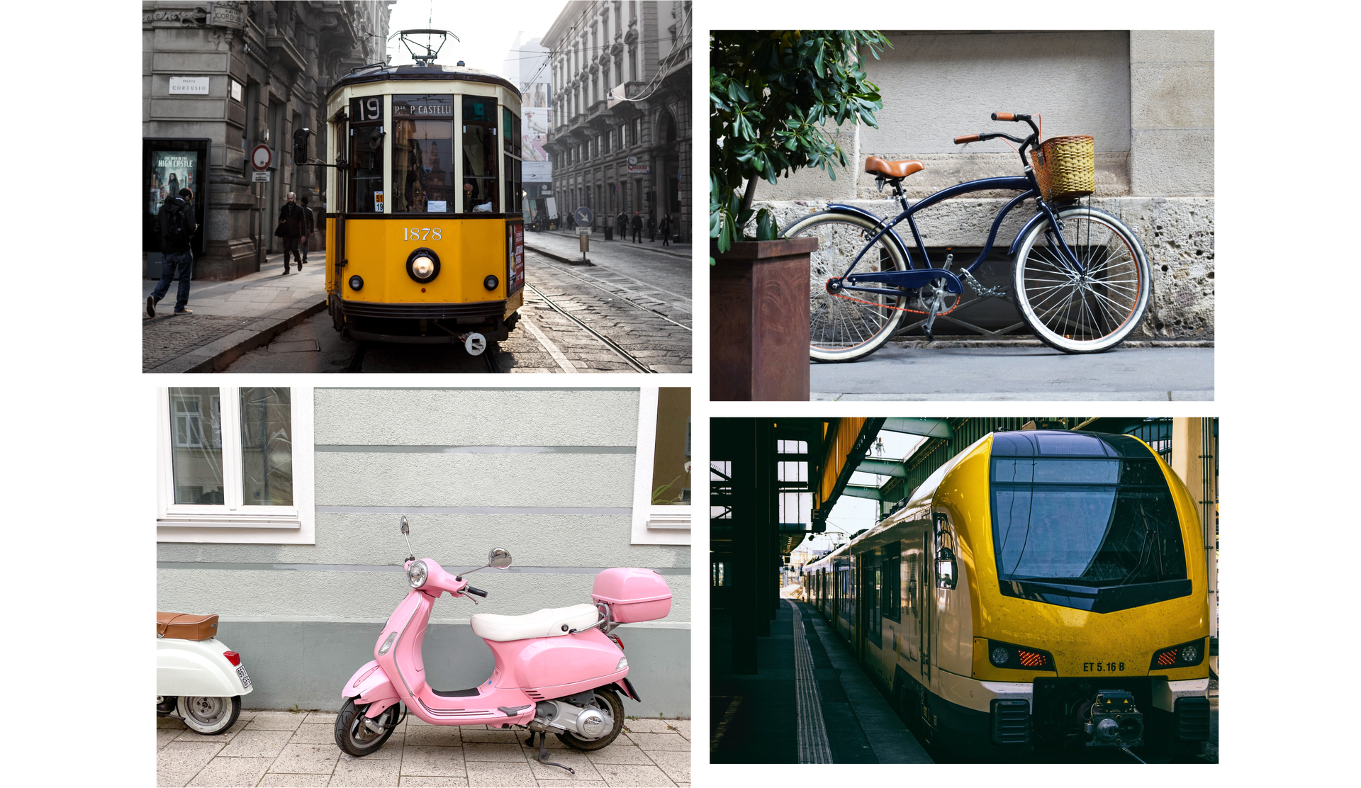 Ilustracja przedstawia kolaż składający się z czterech zdjęć. Zdjęcie po lewej u góry przedstawia tramwaj na ulicy. Zdjęcie po prawej u góry przedstawia rower z koszykiem oparty o ścianę. Zdjęcie po lewej na dole przedstawia skuter stojący na tle budynku. Zdjęcie po prawej na dole przedstawia pociąg na dworcu.