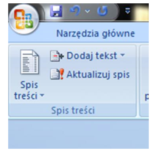 Ilustracja przedstawiająca grupę Spis treści z paska narzędzi programu Microsoft Word. Po lewej stronie grupy przycisk Spis treści. Obok opcje: Dodaj tekst oraz Aktualizuj spis. 