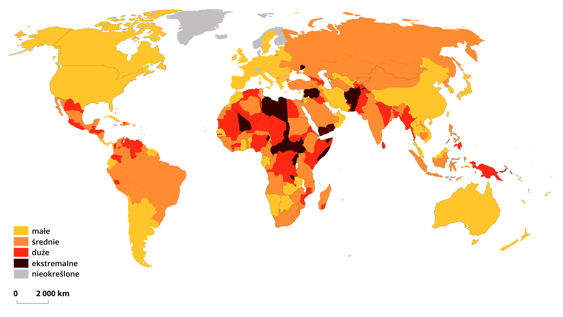 Na mapie świata zaznaczono kraje pod względem zagrożenia bezpieczeństwa na świecie. Zagrożenie małe dotyczy między innymi Kanady, USA, Kuby, Panamy, Argentyny,  Chile, Surinamu, Ekwadoru, Australii, południowo-wschodniej Azji, Iranu, Omanu, Kataru, Zjednoczonych Emiratów Arabskich, niemal całej Europy z wyjątkiem Ukrainy, Kosowa, w Afryce: Namibia, Botswana, Zambia, Gabon, Ghana, Benin, Maroko, Senegal. Duże zagrożenie: rejony w Meksyku, Honduras, Gwatemala, południe Kolumbii, niewielki obszar w Peru, kraje w Afryce Północnej i Środkowej, Pakistan, Irak, Gruzja, północno-wschodnie Indie, Birma, Papua-Nowa Gwinea, południowa część Filipin. Ekstremalne zagrożenie: część Mali, Libia, granica Czadu z Sudanem, Sudan Południowy, Republika Środkowoafrykańska, Somalia, Dżibuti, wschodnia Ukraina, Jemen, Afganistan, południe Pakistanu. W pozostałych rejonach świata zagrożenie jest średnie. 