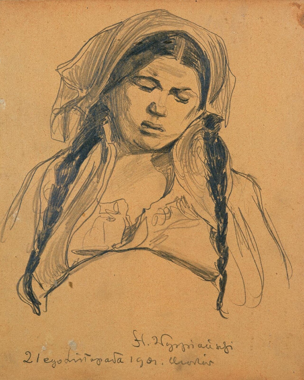 Ilustracja przedstawia rysunek „Portret żony”, autorstwa Stanisława Wyspiańskiego wykonany na brązowo‑pomarańczowym papierze. Młoda kobieta jest narysowana swobodną kreską. Ma zamknięte oczy i rozchylone wargi, na głowie ma chustę. Na ramionach zwisają dwa ciemne warkocze. Głowa postaci lekko przechyla się w lewą stronę. Twarz wyraża zmęczenie. Artysta nie dba o detal, przy pomocy lekkich linii ołówka stara się oddać jedynie nastrój ukazanej sceny.