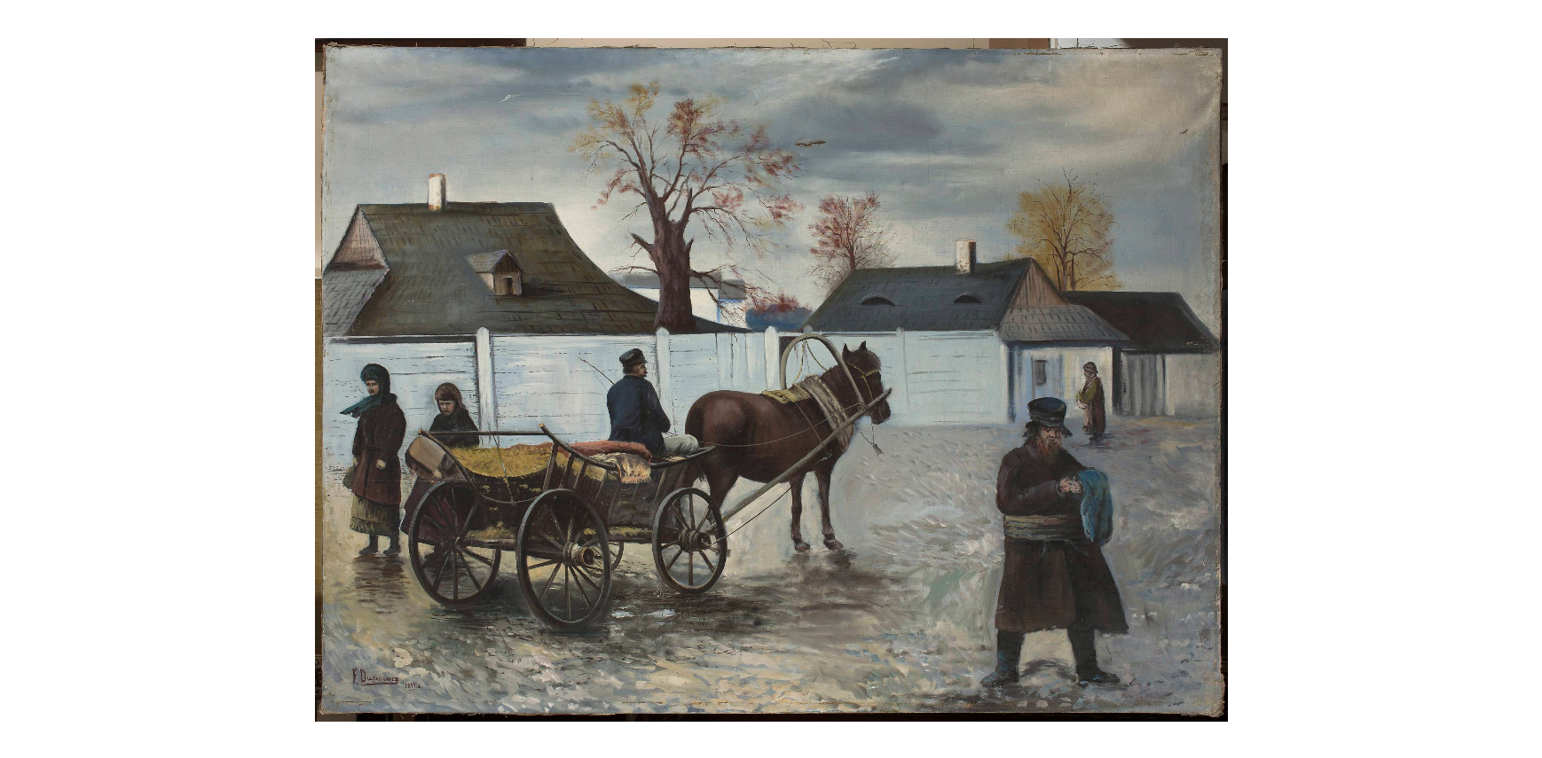 Ilustracja przedstawia ulicę w małym mieście. Bruk jest mokry. Środkiem ulicy jedzie wóz prowadzony przez jednego konia. Woźnica jest dojrzałym mężczyzną. Jest odwrócony do nas tyłem. Dwie kobiety mijają wóz. Są ubrane w ciemne płaszcze i spódnice sięgające połowy łydek. Głowy mają przewiązane chustami. Po prawej stronie stoi dojrzały brodaty mężczyzna. Szeroko rozstawia nogi. Pochyla głowę. Na głowie ma czapkę. Jest ubrany w ciemny płaszcz. Na nogach ma wysokie buty. W głębi stoi dość wysoki drewniany płot. Zza niego wystają dachy domów. Między domami rosną drzewa częściowo pokryte pożółkłymi i czerwonymi liśćmi. Niebo w tle jest ciemne, gęsto zachmurzone.