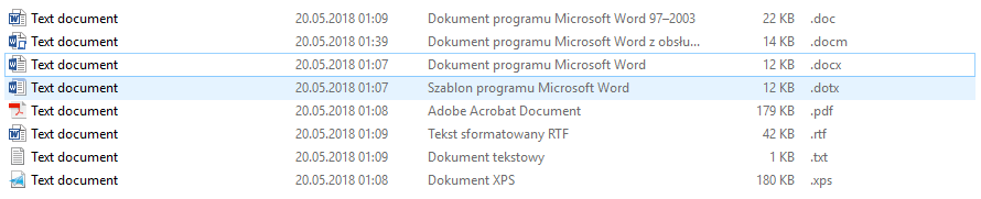 Ilustracja przedstawia przykładowe formaty zapisu plików tekstowych w postaci zrzutu fragmentu folderu zawierającego przykładowe dokumenty. Można zobaczyć jak nazywa się dokument i jakie ma rozszerzenie. Dokument programu Microsoft Word 97-2003 .doc, Dokument programu Microsoft Word z obsługą makr .docm, Dokument programu Microsoft Word .docx, Szablon programu Microsoft Word .dotx, Adobe Acrobat Document .pdf, Tekst sformatowany RTF .rtf, Dokument tekstowy .txt, Dokument XPS .xps