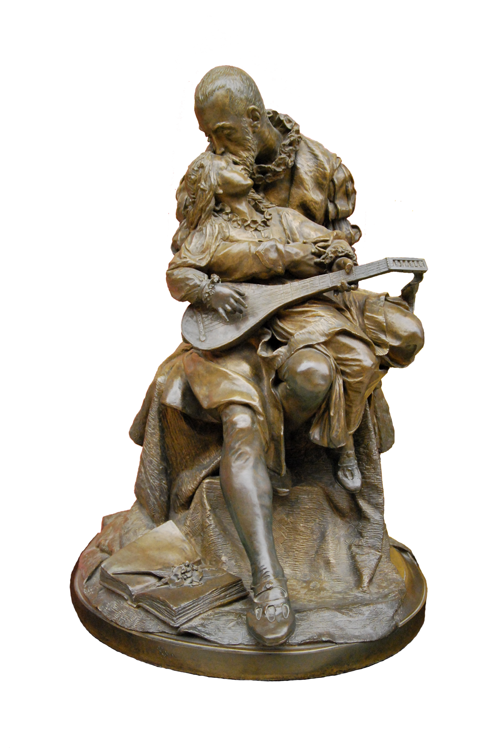 Rzeźba przedstawia siedzącego mężczyznę o krótko przystrzyżonych włosach, wąsach i brodzie, ubranego w sięgający kolan płaszcz z ozdobnymi, bufiastymi rękawami, spod którego wystaje kryza, obcisłe spodnie i trzewiki. Na jego kolanach znajduje się dziewczynka ubrana w sukienkę i pantofelki. W rączkach trzyma lutnię. Dziecko wygląda jakby spało. Mężczyzna całuje je w czoło. Na ziemi, obok prawej stopy mężczyzny leży otwarta księga.