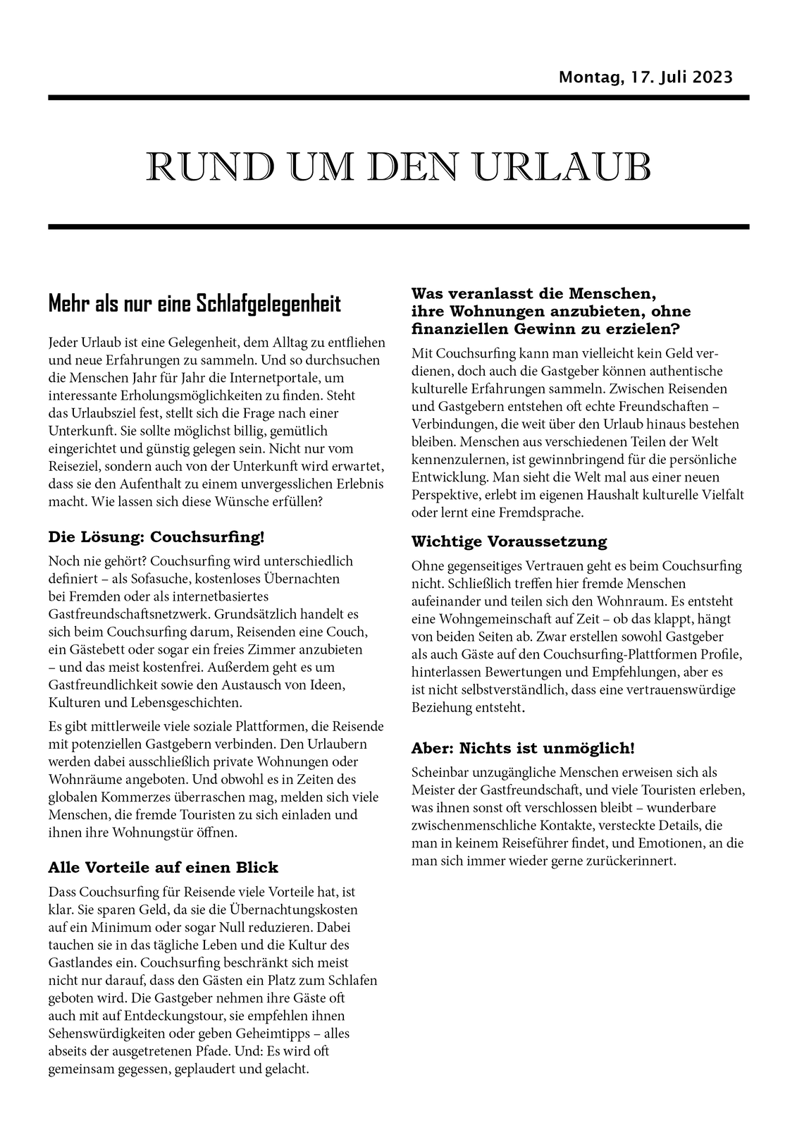 Ilustracja przedstawia artykuł w gazecie zatytułowany Rund um den urlaub. Artykuł podzielony jest na dwie kolumny. Transkrypcja znajduje się poniżej.