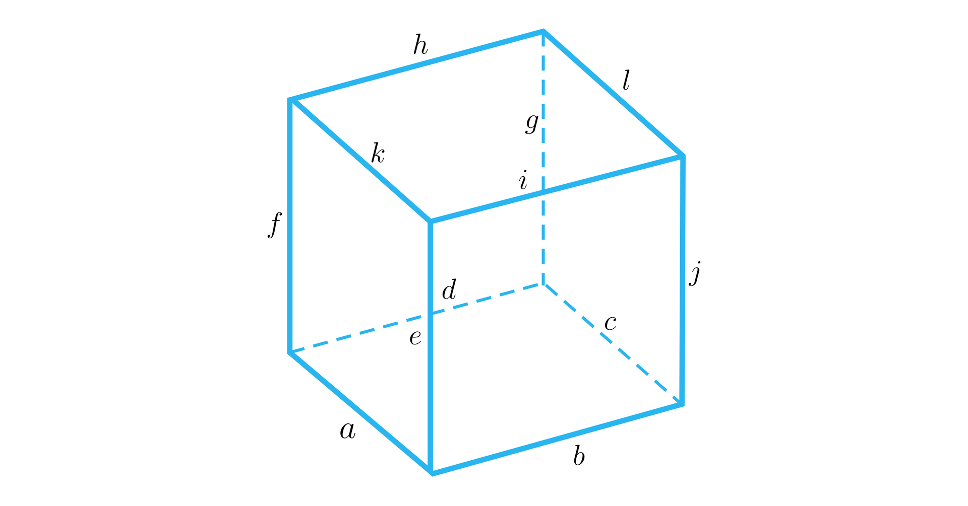 Na ilustracji przedstawiono sześcian o dolnej podstawie A B C D i górnej E F G H. Odpowiednio nad wierzchołkiem oznaczonym literą A, znajduje się wierzchołek E, nad wierzchołkiem B wierzchołek F, nad wierzchołkiem C wierzchołek G, oraz nad wierzchołkiem D wierzchołek H. Każdą krawędź oznaczono małą literą alfabetu, kolejno. Krawędź A B literą a, krawędź B C literą b, krawędź C D literą c, krawędź A D literą d, krawędź B F literą e, krawędź A E literą f, krawędź D H literą g, krawędź E H literą h, krawędź F G literą i, krawędź C G literą j, krawędź E F literą k, oraz krawędź G H literą l.