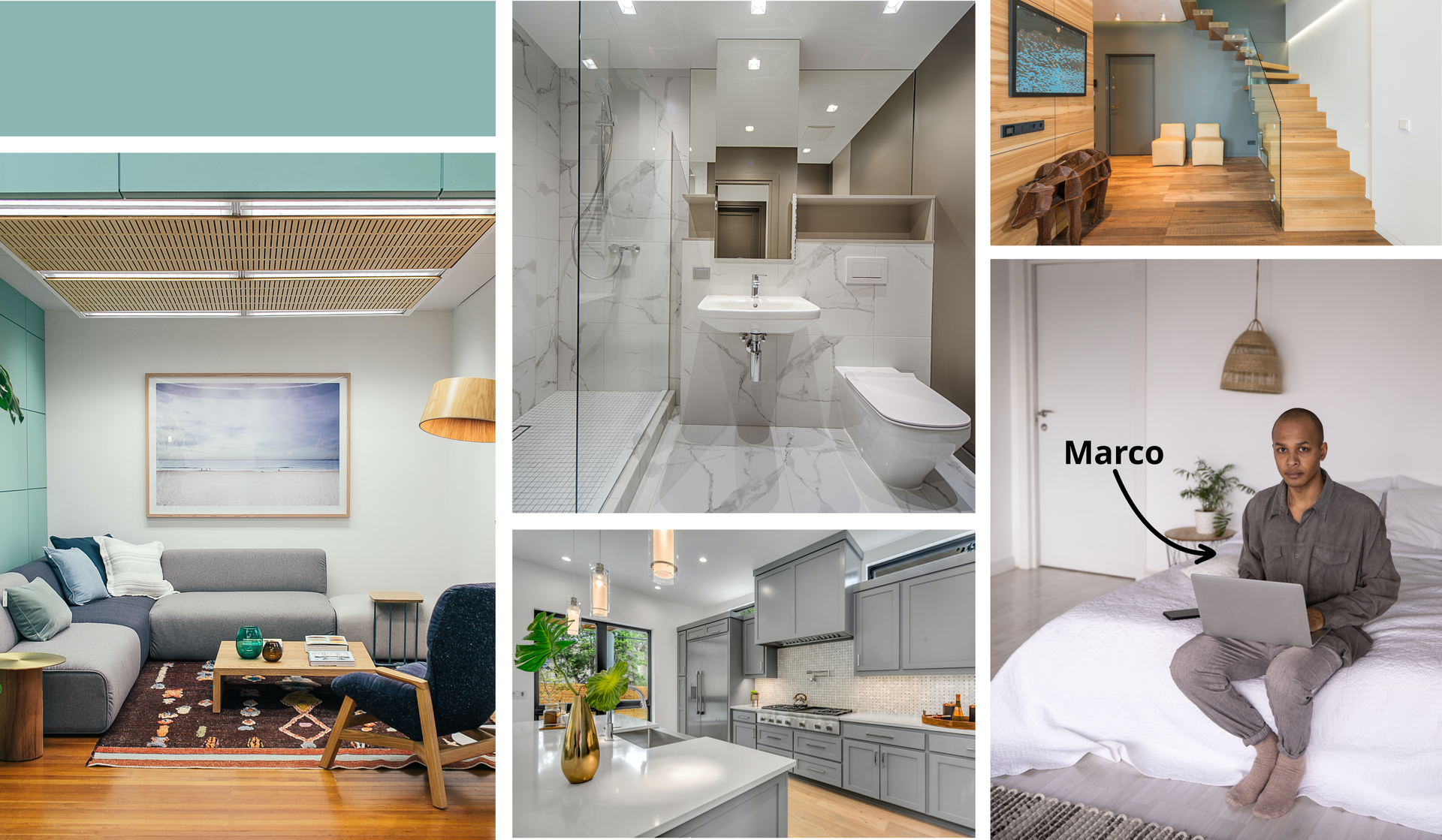 Ilustracja składa się z pięciu zdjęć, na których pokazane są  pomieszczenia w domu: salon, kuchnia, łazienka, sypialna i hol. Na zdjęciu salonu widoczna jest duża, szara sofa i granatowy fotel. Pomiędzy sofą, a fotelem leży dywan, na którym stoi stolik. Kuchnia na fotografii jest duża. Przy ścianie po prawej stronie od okna stoi zabudowa z dużą lodówką i kuchenką gazową. Naprzeciwko znajduje się wyspa kuchenna z zamontowanym zlewozmywakiem. Łazienka na zdjęciu jest jasna. Po lewej stronie znajduje się przestronna kabina prysznicowa, na wprost umywalka i muszla sedesowa. Na zdjęciu sypialni widoczne jest duże łóżko, na którym siedzi nastolatek z laptopem na kolanach. Obok chłopaka widoczny jest napis z imieniem Marco. Na fotografii holu, na wprost widoczne są drzwi, obok których stoją dwa fotele. Na ścianie po lewej stronie wisi duży obraz, natomiast po prawej znajdują się schody prowadzące na piętro. 