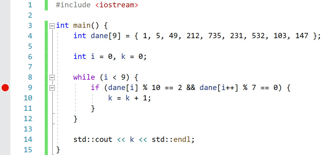 Zrzut ekranu przedstawia poprawnie ustawiony breakpoint w środowisku Microsoft Visual Studio. Znajduje się on w linii dziewiątej.  W linii ósmej znajduje się pętla while, a w dziewiątej funkcja warunkowa if.