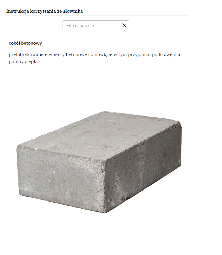 Widok na górną część słownika z polem filtrowania haseł słownika