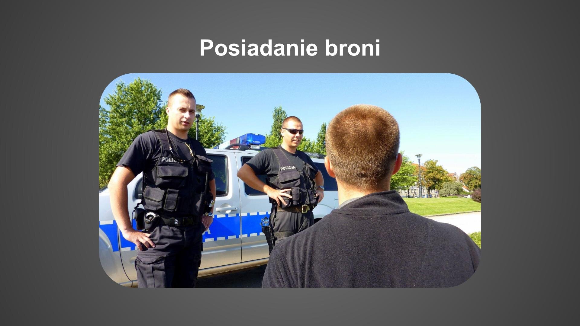 Szara plansza. U góry napis: „Posiadanie broni”. Poniżej zdjęcie przedstawiające dwóch policjantów w mundurach (ciemnych koszulkach i spodniach, kamizelce z wieloma kieszeniami). Przed nimi, tyłem do widza, stoi mężczyzna w krótkich, ryżawych włosach i ciemnej koszulce. Za policjantami furgonetka policyjna, a dalej zielone drzewa i trawa.
