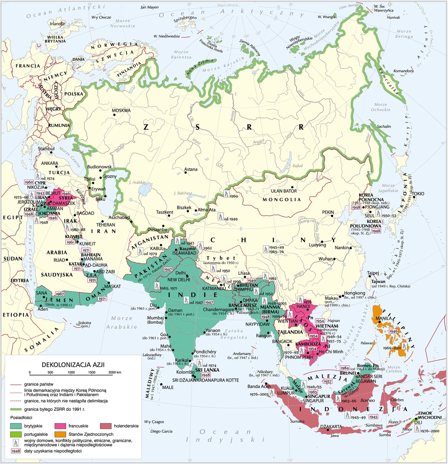 Grafika przedstawiająca mapę dekolonizacji Azji.