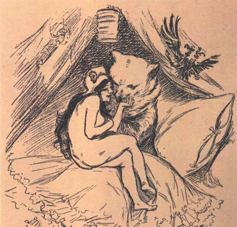 Ilustracja to polityczny rysunek z XIX wieku. Pod namiotem ogromny wilk ma na kolanach nagą, młodą kobietę  o długich włosach. 