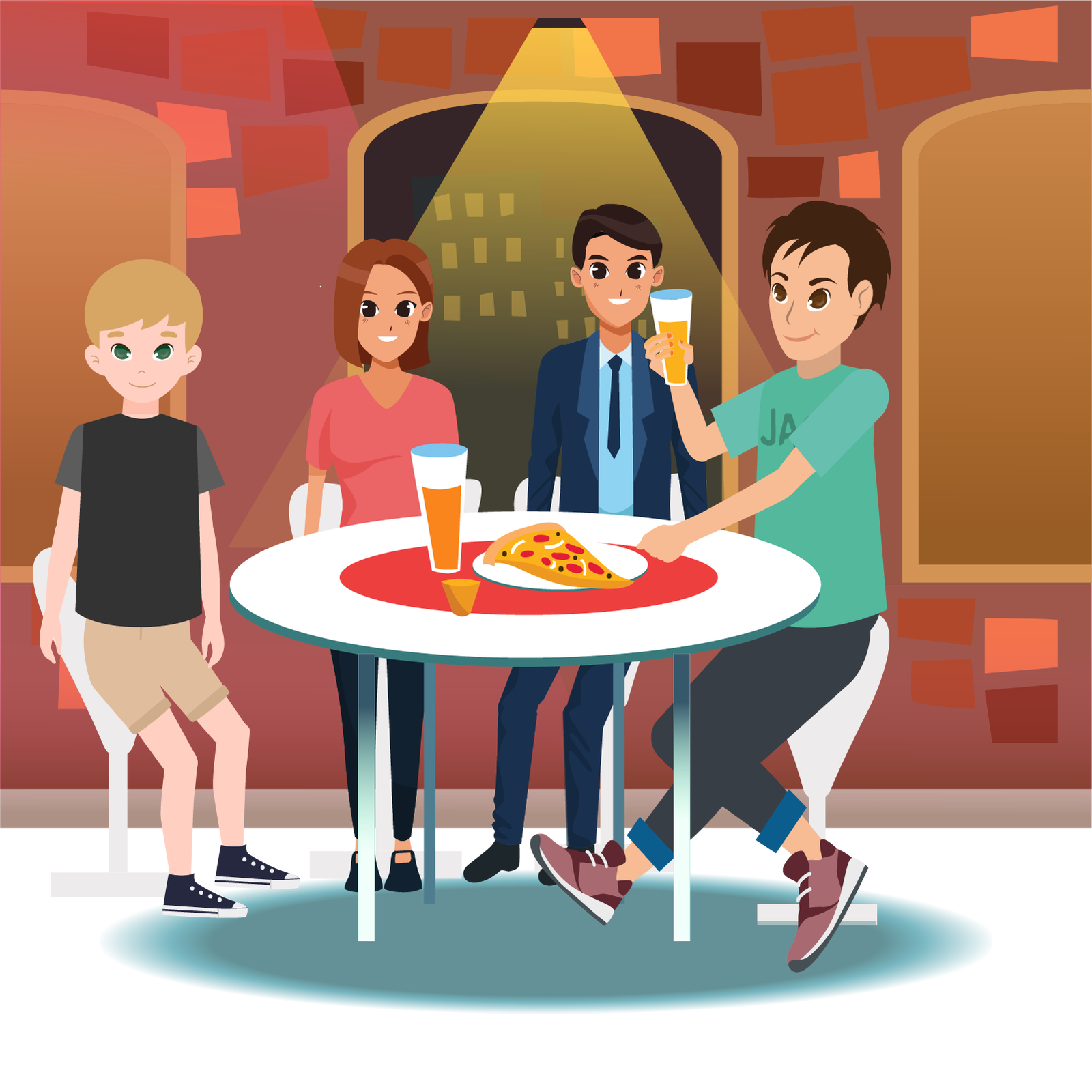 Ilustracja przedstawia grupę osób siedzących przy okrągłym stoliku, na którym znajduje się trójkącik pizzy, oraz kubek z sokiem. Przy stoliku siedzi chłopiec w wieku szkolnym, ubrany w czarny podkoszulek, kobietę w różowym podkoszulku i krótko ściętych włosach, mężczyznę ubranego w garnitur oraz Jack trzymający kubek z sokiem.