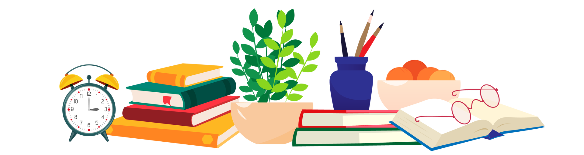 Ilustracja przedstawia kilka przedmiotów ułożonych blisko siebie. Po lewej stronie stoi ciemnozielony budzik ze wskazówkami. Obok niego znajduje się stos czterech książek. Pierwsza i czwarta ma jasnopomarańczową okładkę, druga ciemnozieloną, a trzecia czerwoną. Na środku stoi zielona roślina w półokrągłej beżowej donicy. Dalej na prawo są dwie książki ułożone jedna na drugiej. Pierwsza ma czerwoną okładkę, a druga ciemnozieloną. Na książkach stoi granatowy pojemnik z trzema pędzlami. Obok, nieco z tyłu, znajduje się beżowa miska z mandarynkami, zaś po jej prawej stronie leży otwarta książka w ciemnoniebieskiej okładce. Znajdują się na niej okulary w cienkich ciemnoróżowych oprawkach.