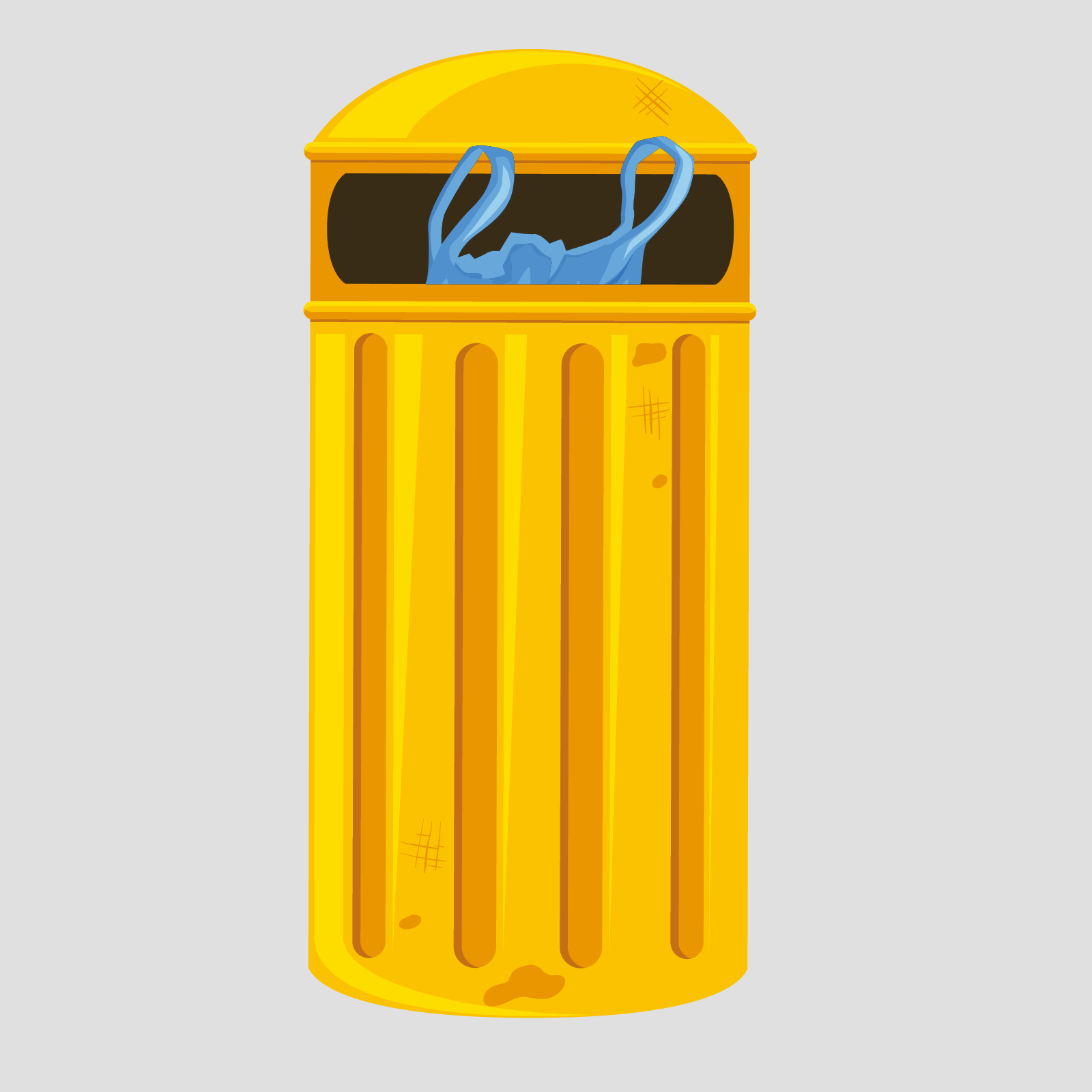 Ilustracja ukazuje żółty kosz na śmieci, do którego włożono zużytą reklamówkę. 