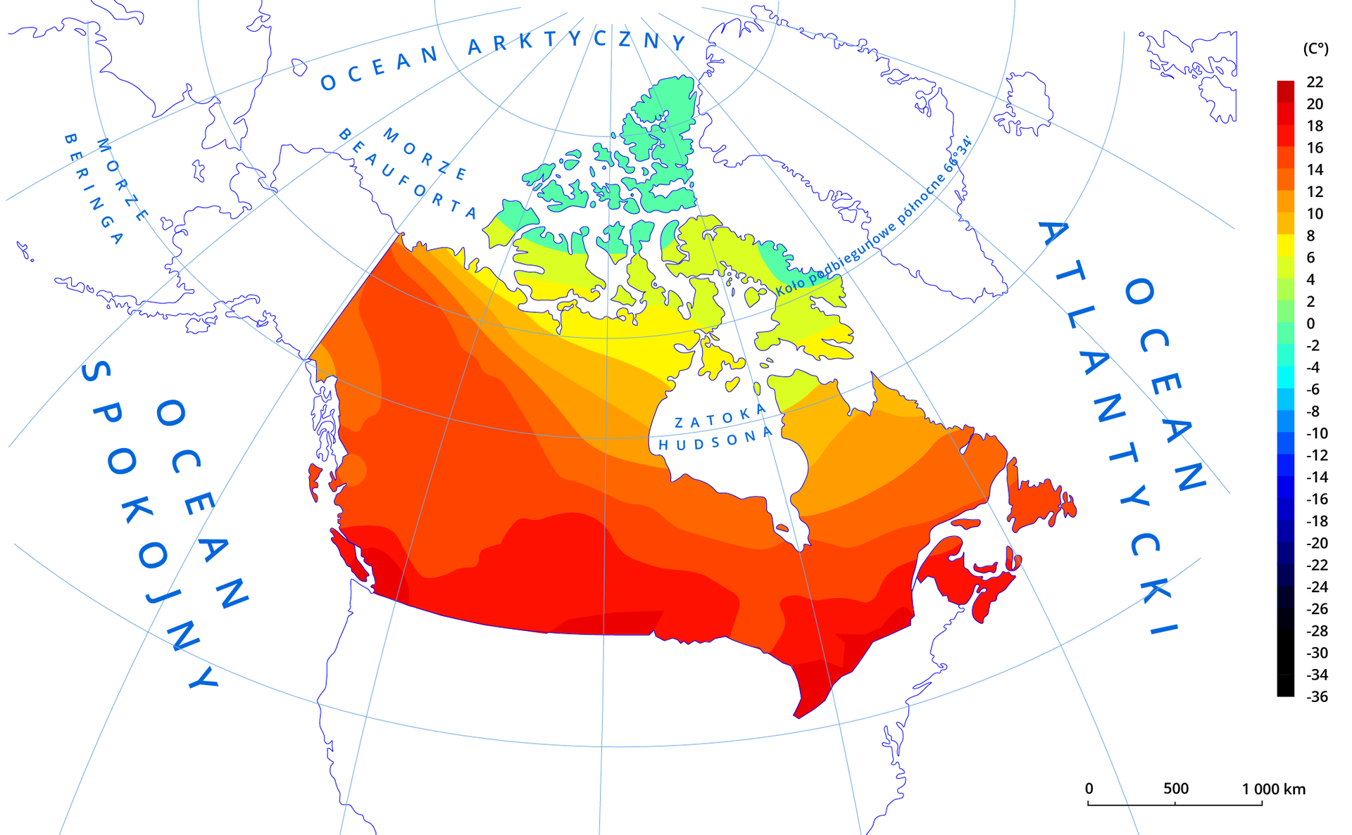 Mapa przedstawia średnią temperaturą powietrza latem w Kanadzie.  Rozkład temperatury układa się równoleżnikowo. Najwyższe temperatury do 20°C są na południu, najniższe na północy - 0°C.