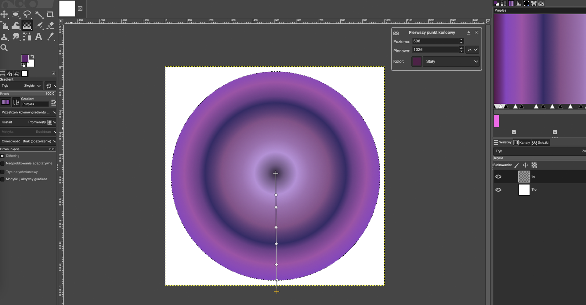 Ilustracja przedstawia okno programu. Panel po lewej stronie dotyczy gradientu i koloru fioletowego. W obszarze roboczym na tle białego kwadratu jest fioletowe koło. Jest ono cieniowane. Ciemniejszy jest środek oraz okrąg w pobliżu brzegu koła. Od środka koła aż nieco poza biały kwadrat poprowadzono linię prostą, promień. Są na nim białe punkty, kropki. Powyżej koła po prawej stronie obszaru roboczego jest ramka z opcją: Pierwszy punkt końcowy. W polu Poziomo wpisano 508, w polu Pionowo wpisano 1026 pikseli, w polu Kolor wpisano Stały. Jest tam ciemnofioletowy kwadrat. Po prawej stronie jest panel. W górnej części jest kolorowy kwadrat nazwany Purples. Kolory kwadratu to odcienie fioletu. Poniżej jest opcja dotycząca warstw. Są dwie ikony oka. Obok pierwszej ikony jest kwadrat wypełniony szarymi kwadratami, obok napis tło. Zaznaczono tę warstwę. Poniżej jest biały kwadrat. Obok napis: tło.   