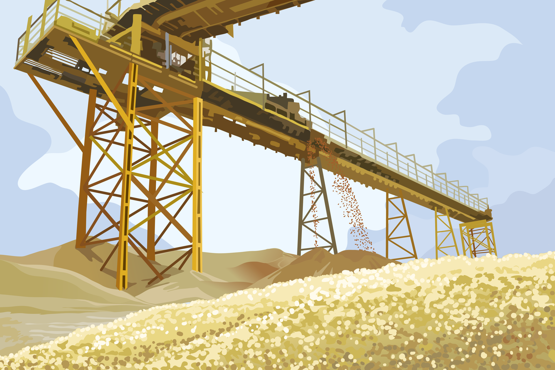 Grafika komputerowa prezentująca stalowe konstrukcje umieszczone pomiędzy usypanymi pagórkami żółtej siarki.